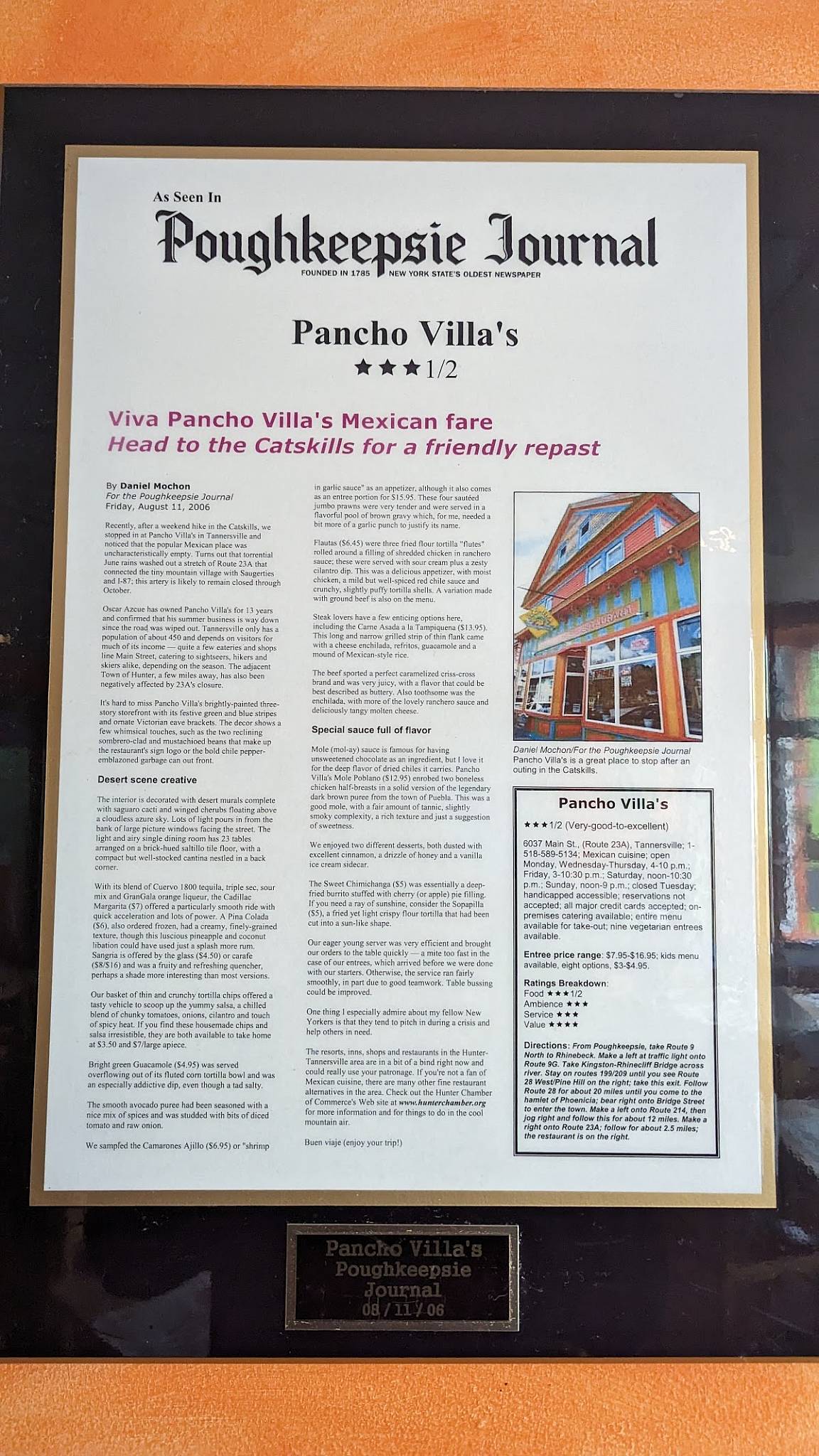 Menu at Pancho Villa's restaurant, Tannersville, Main St
