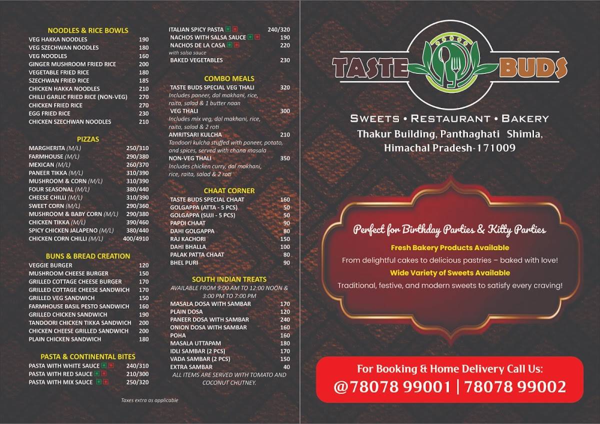 Taste Buds - Sweets Restaurants & Bakery menu
