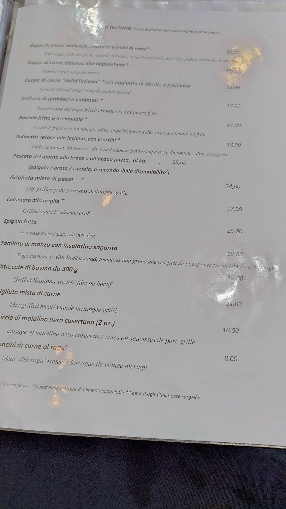 Menu di Taverna Lucìana