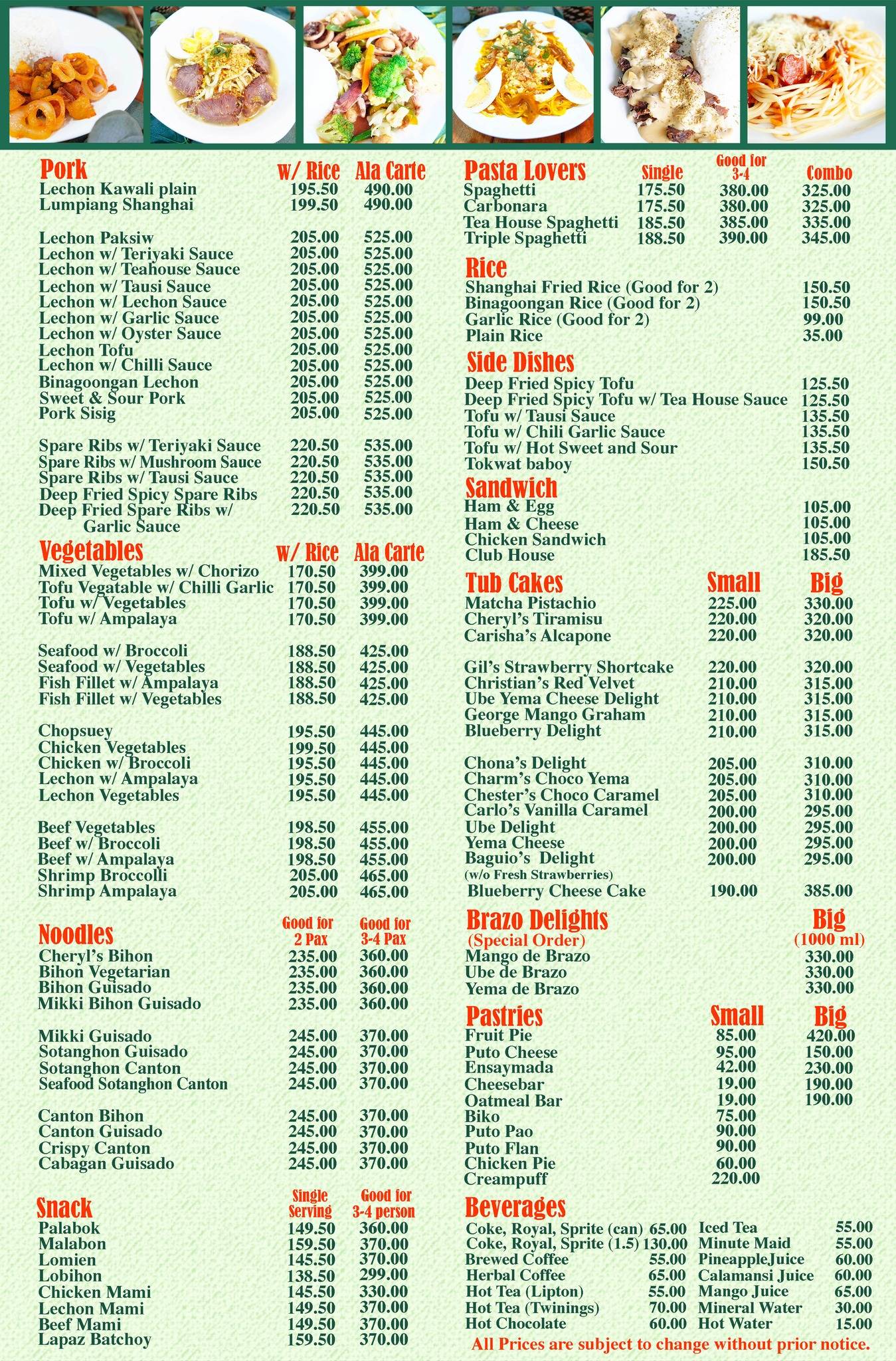 Menu at Teahouse Restaurant and Baguio
