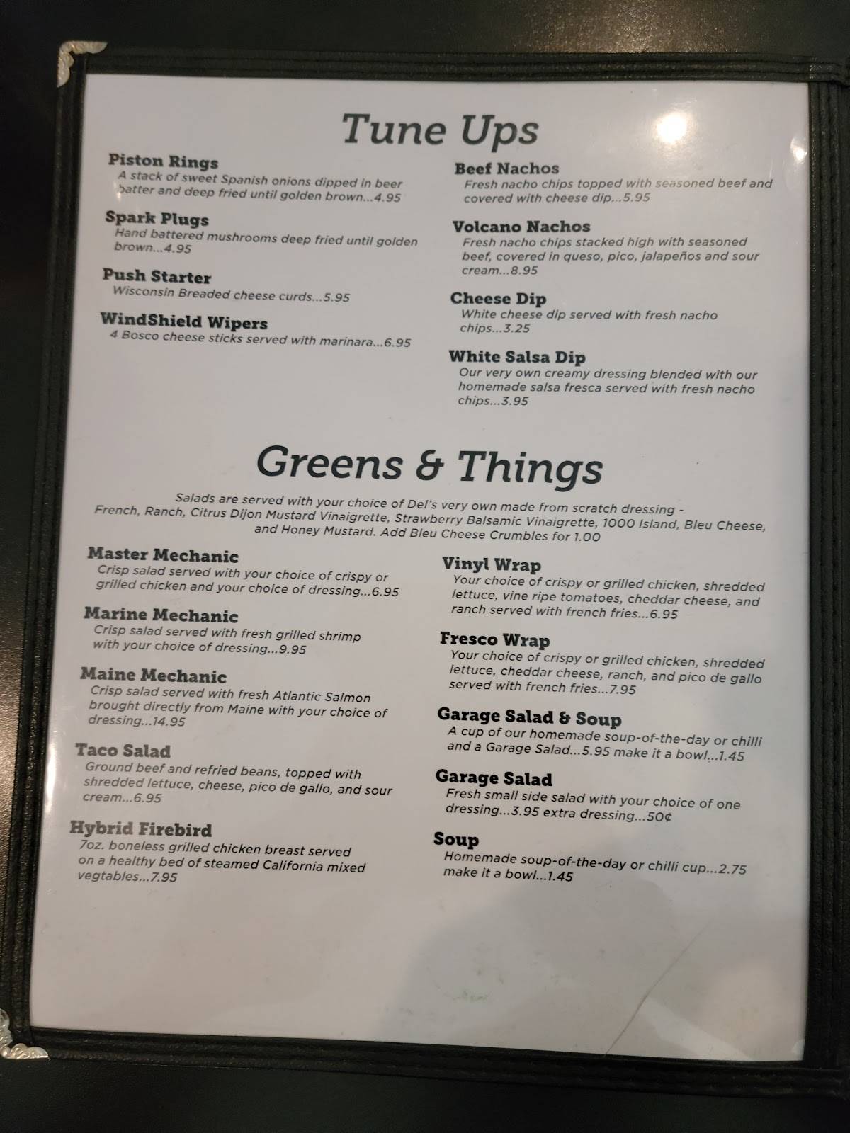 Menu at Ted's Garage restaurant, Clinton