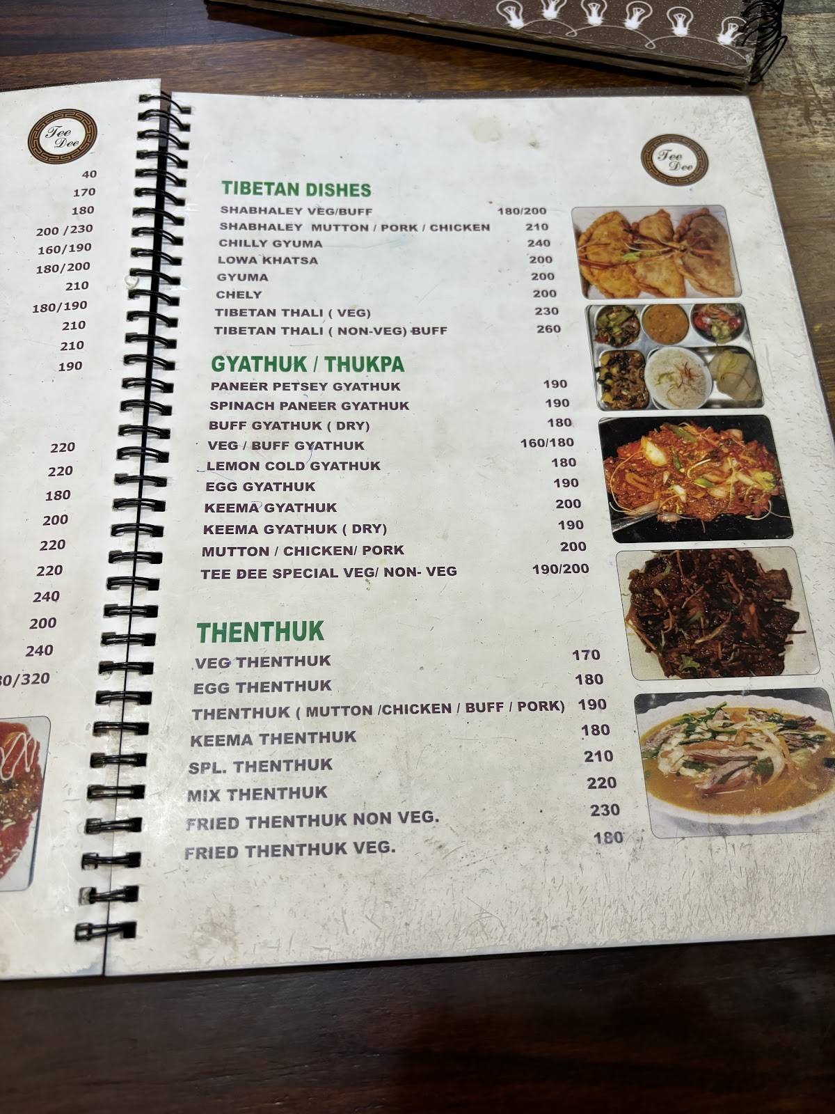 Tee Dee restaurant menu