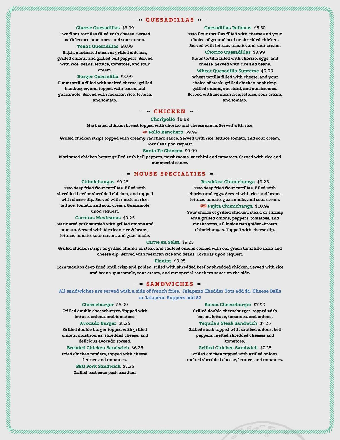 Menu at Tequila's Mexican Bar & Grill, Northwood