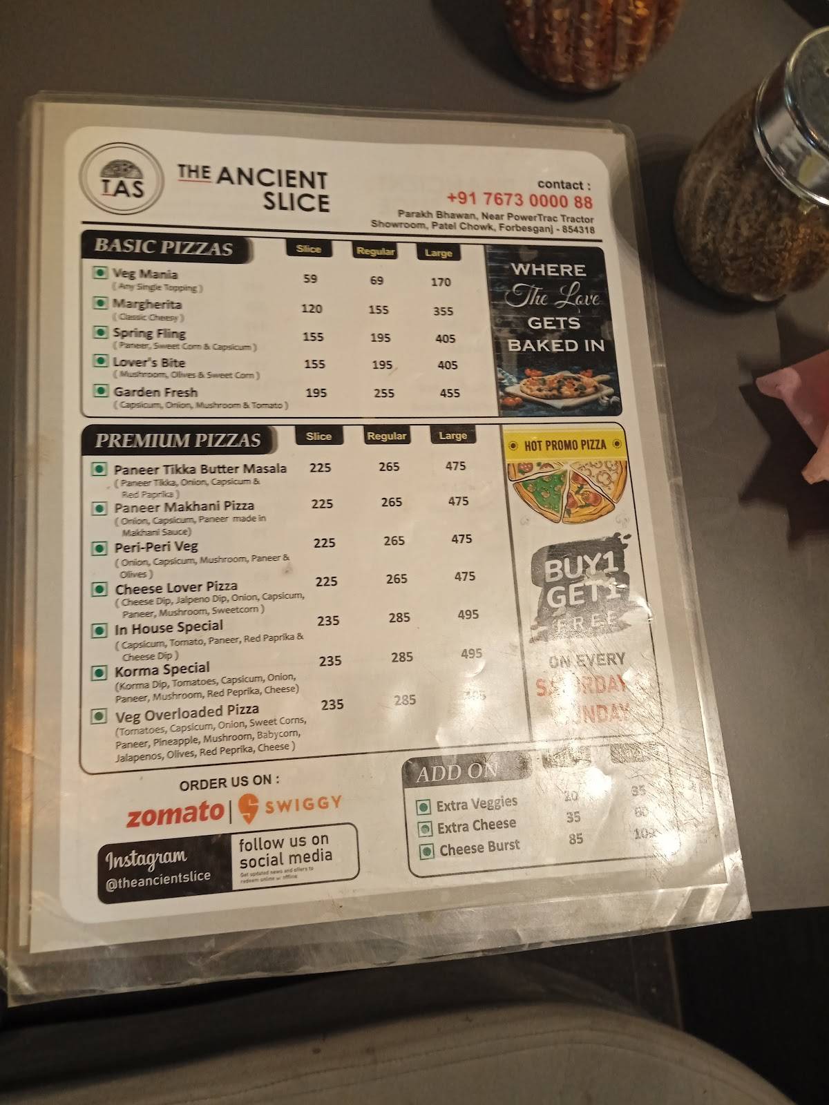 The Ancient Slice menu