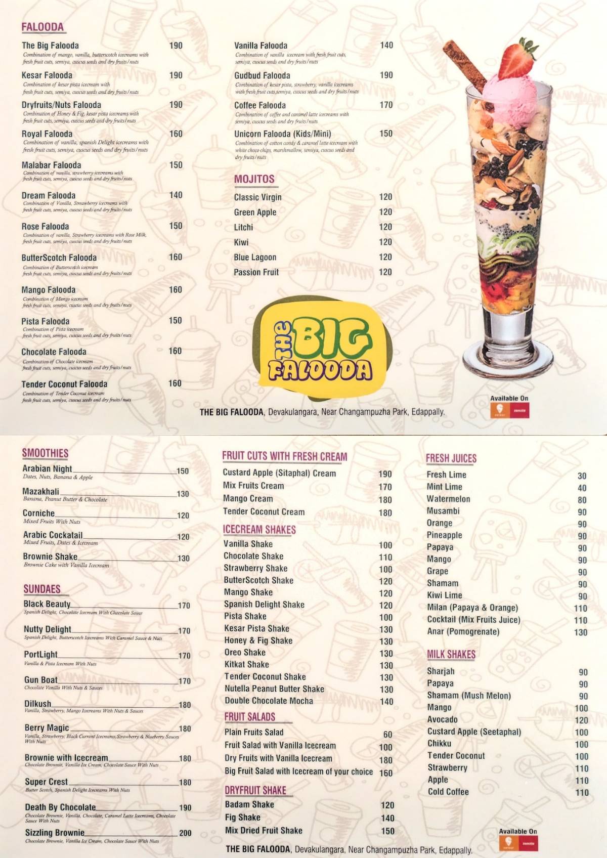 The Big Falooda menu