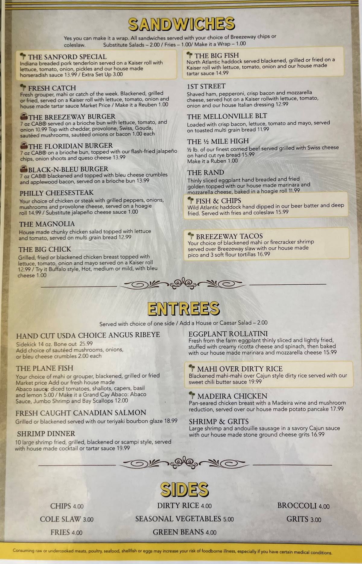 Menu at The Breezeway Restaurant & Bar, Sanford