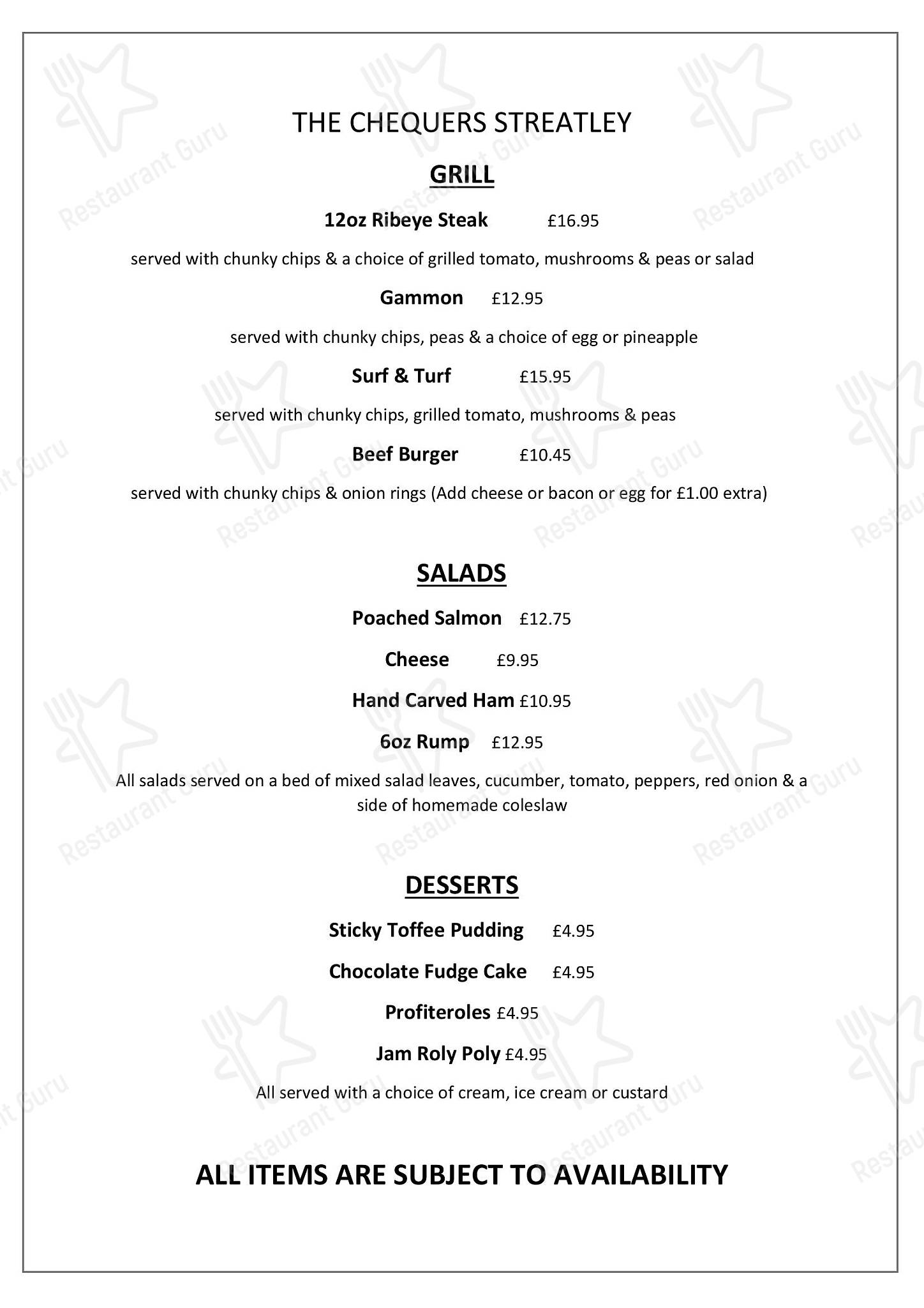 Menu at The Chequers Streatley pub & bar, Streatley, 171 Sharpenhoe Rd