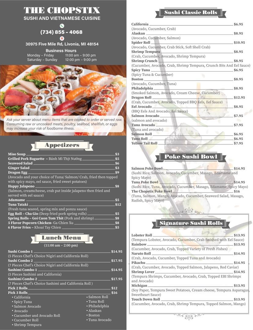 Menu at The Chopstix restaurant, Livonia