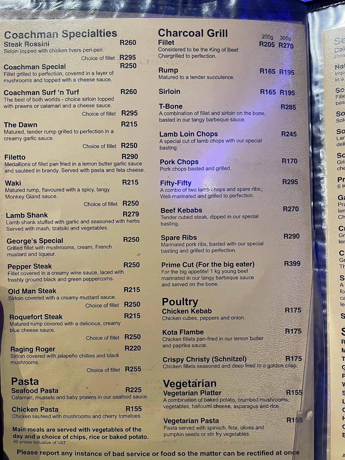 Menu at The Coachman Restaurant, Port Elizabeth, Brookes on the bay