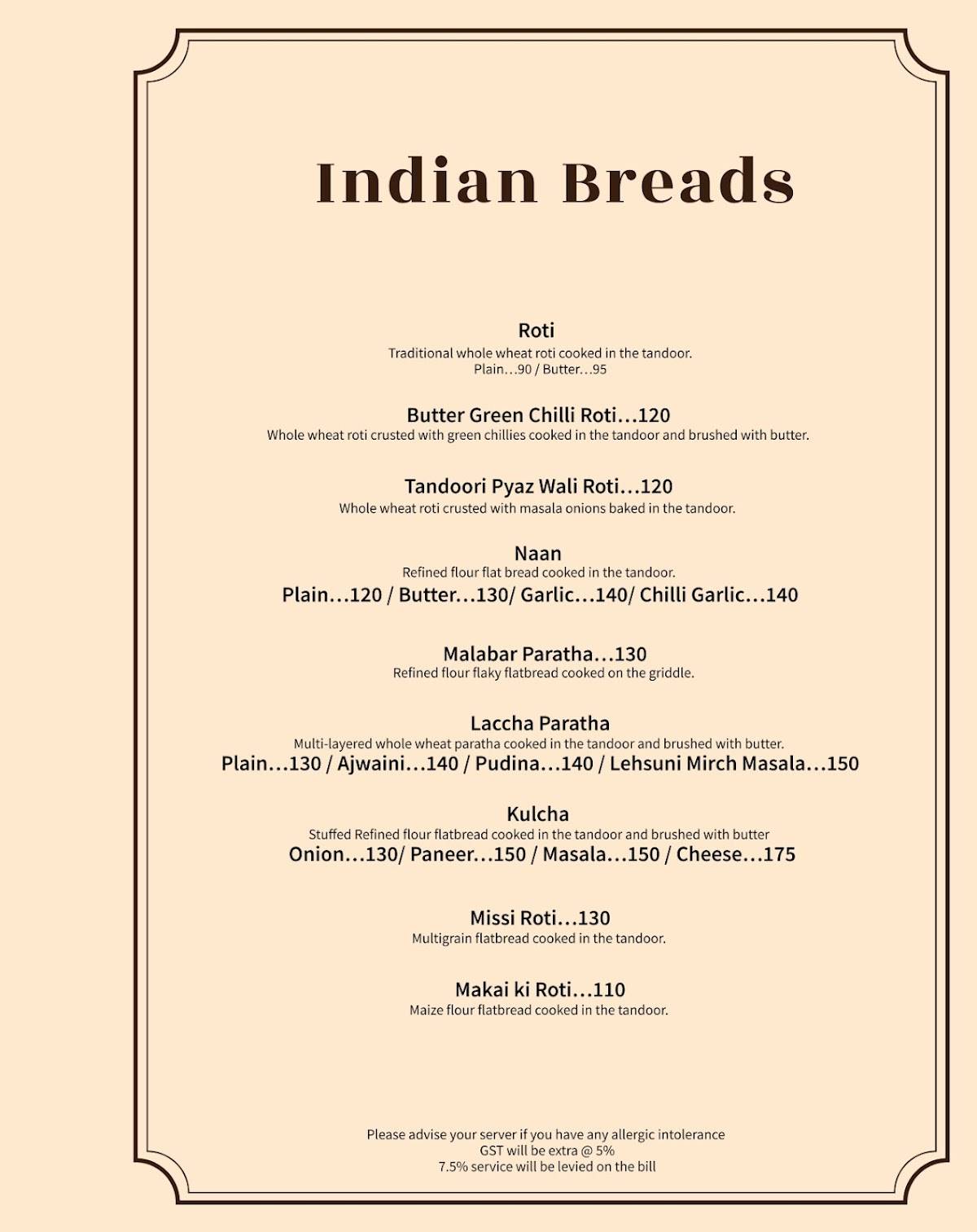 The Grand Trunk Road Restaurant menu