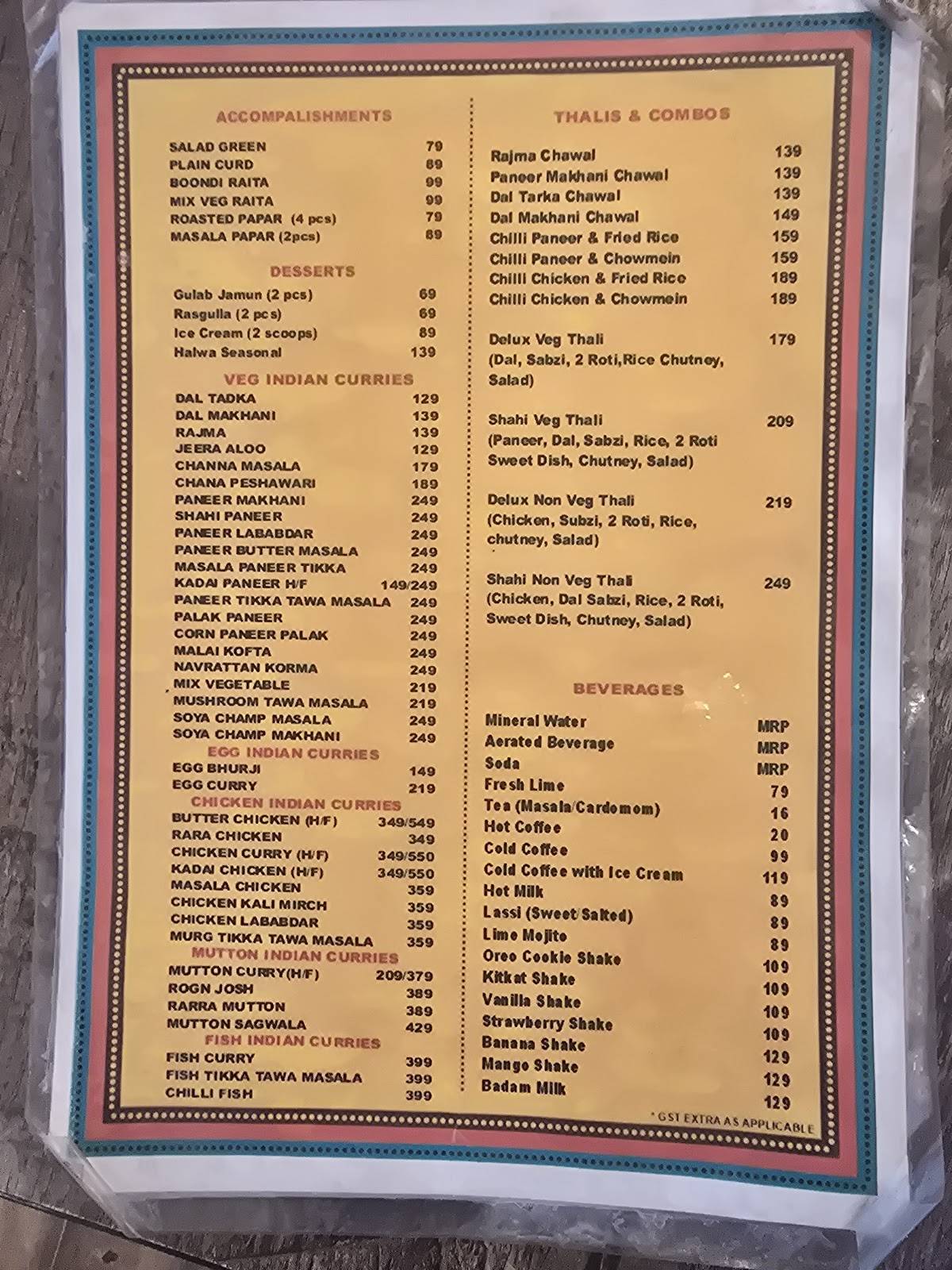 The Great Urban Dhaba menu