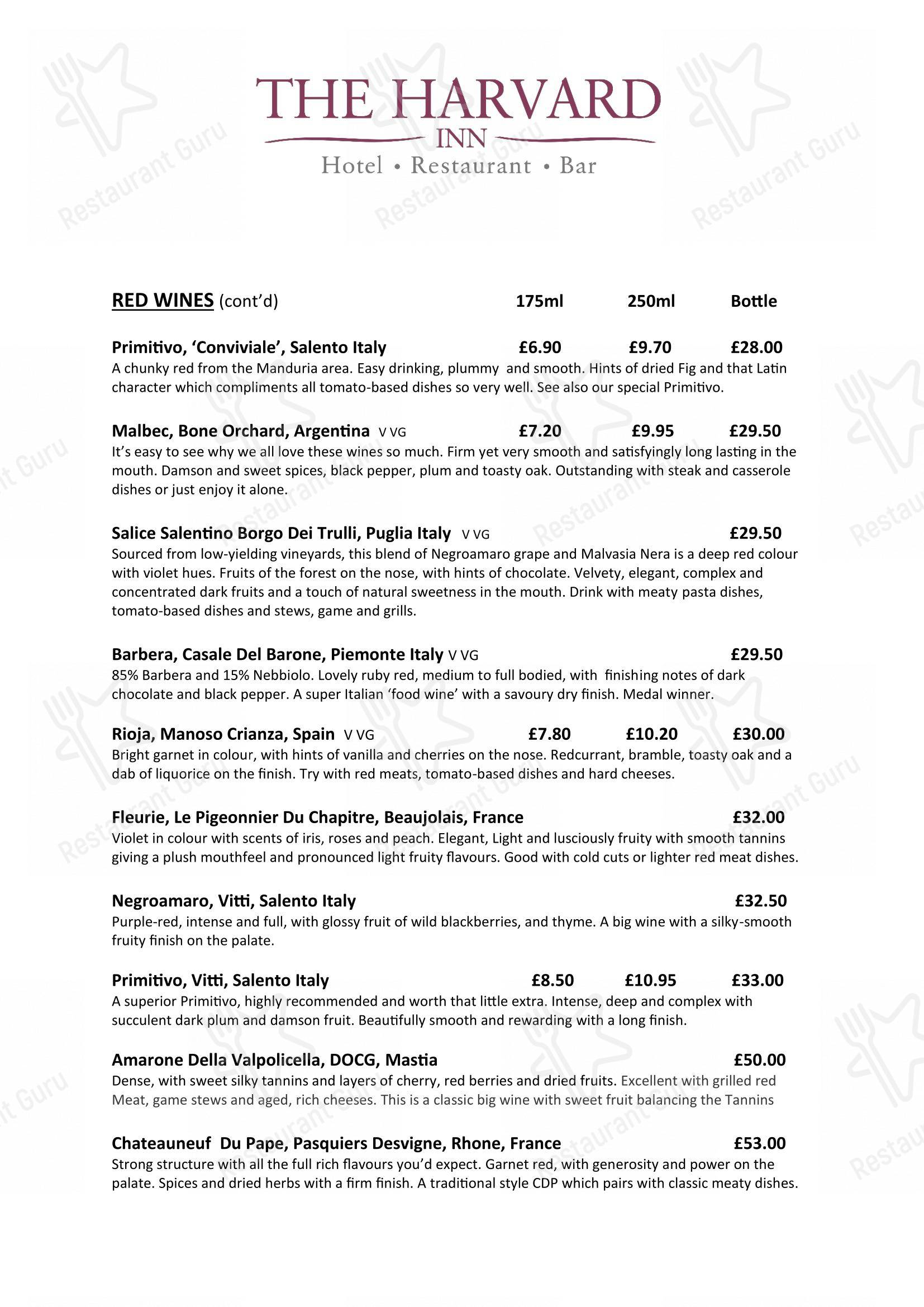 Menu at The Harvard Inn pub & bar, Ingatestone
