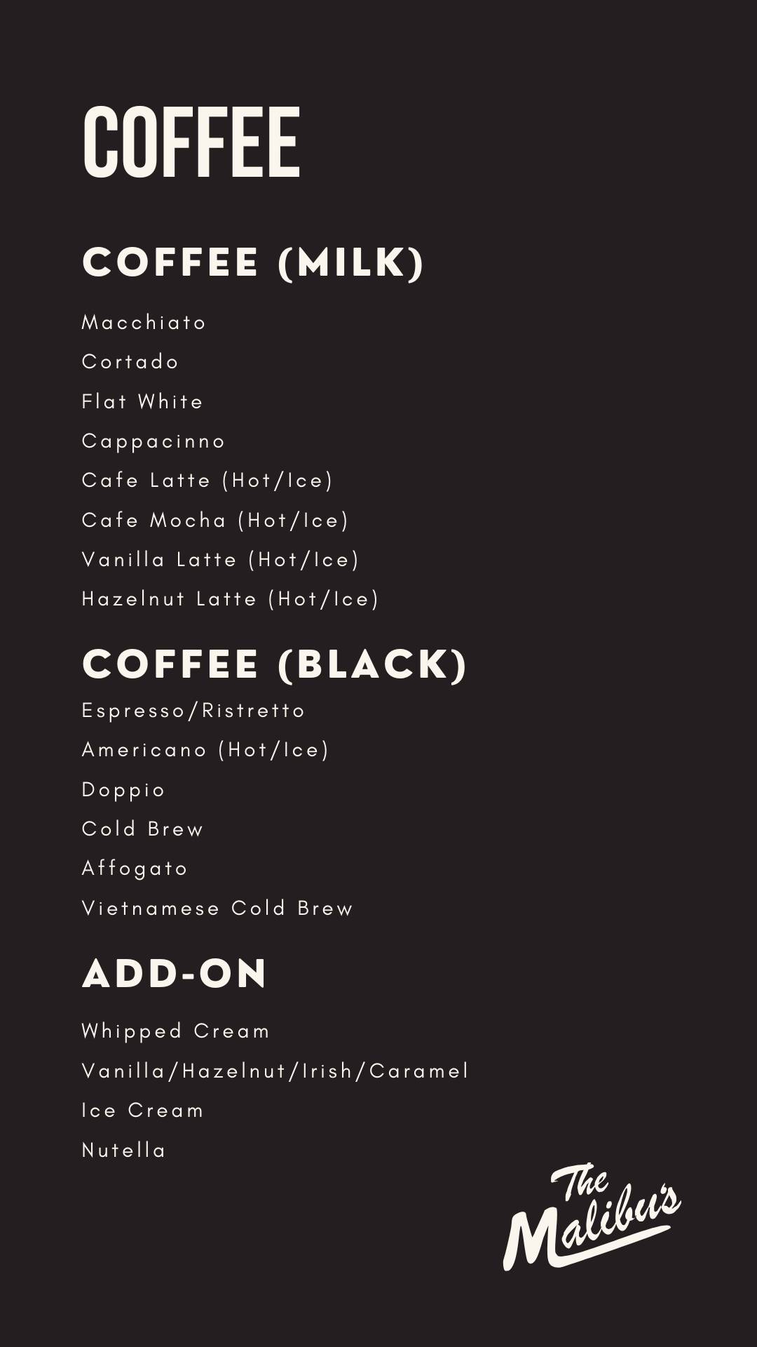 The Malibu's Cafe menu