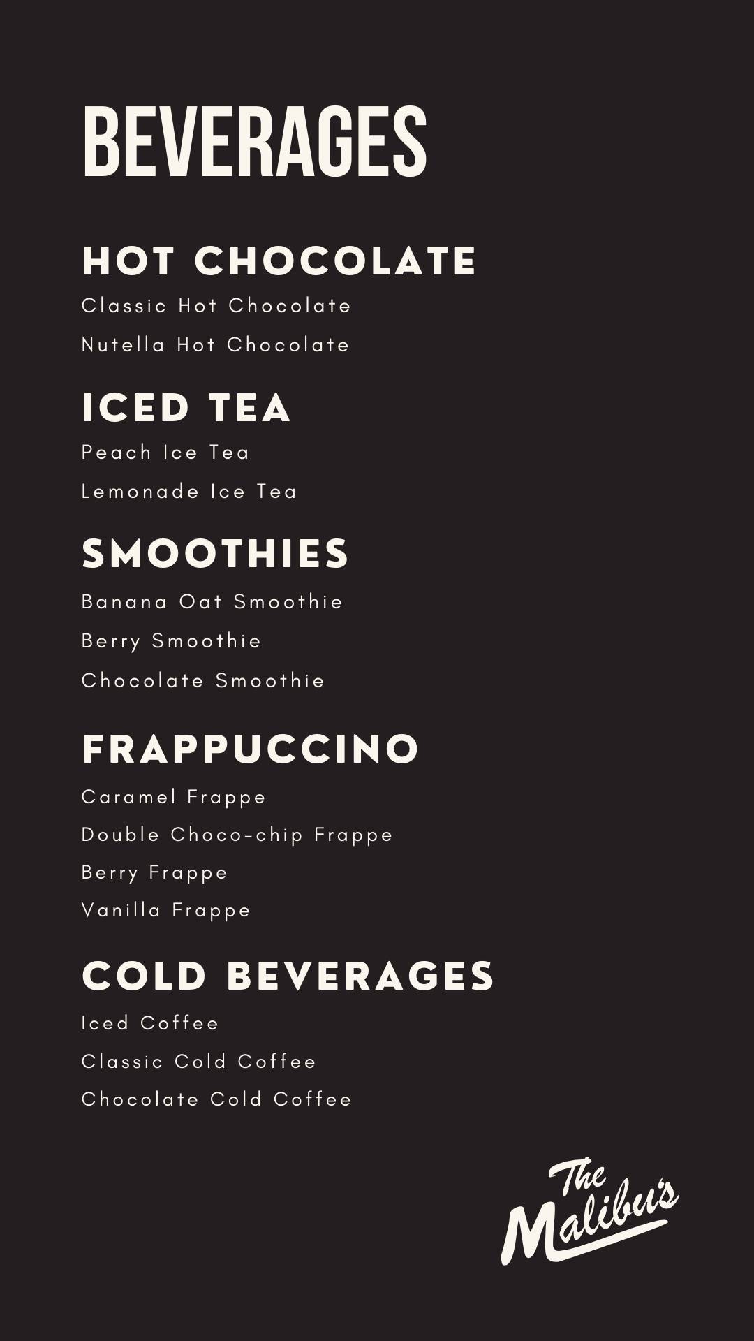 The Malibu's Cafe menu