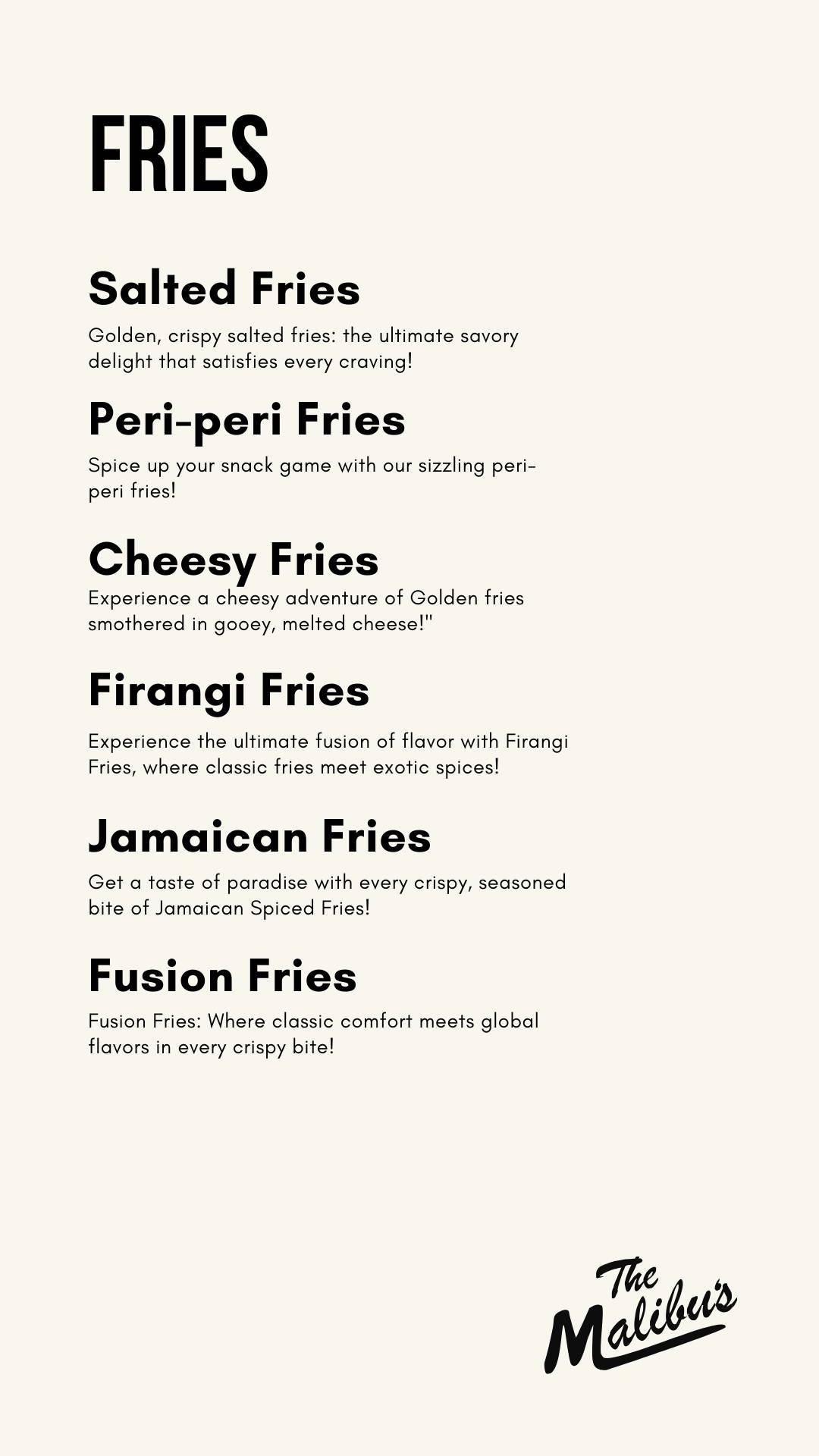 The Malibu's Cafe menu