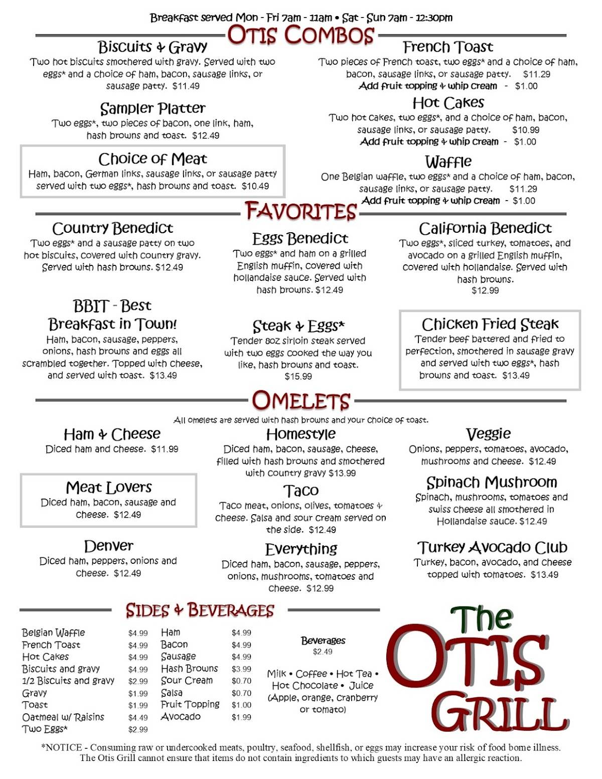 Menu at The Otis Restaurant, Otis OrchardsEast Farms