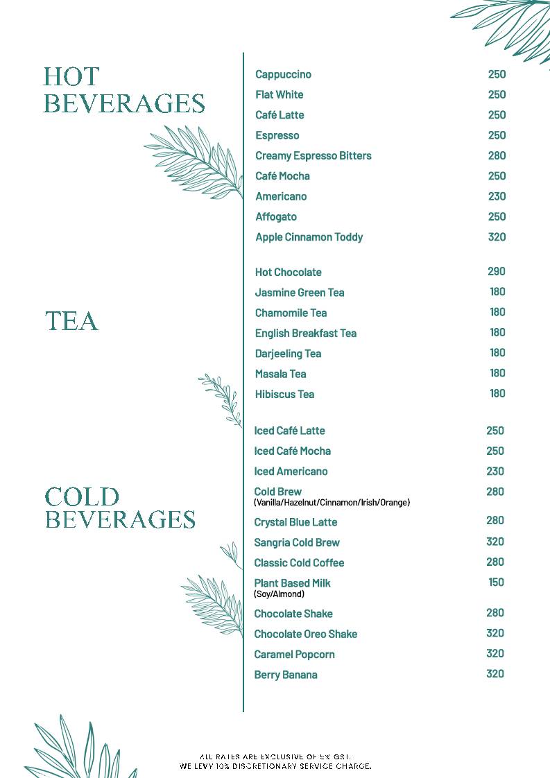 The Palette Cafe menu