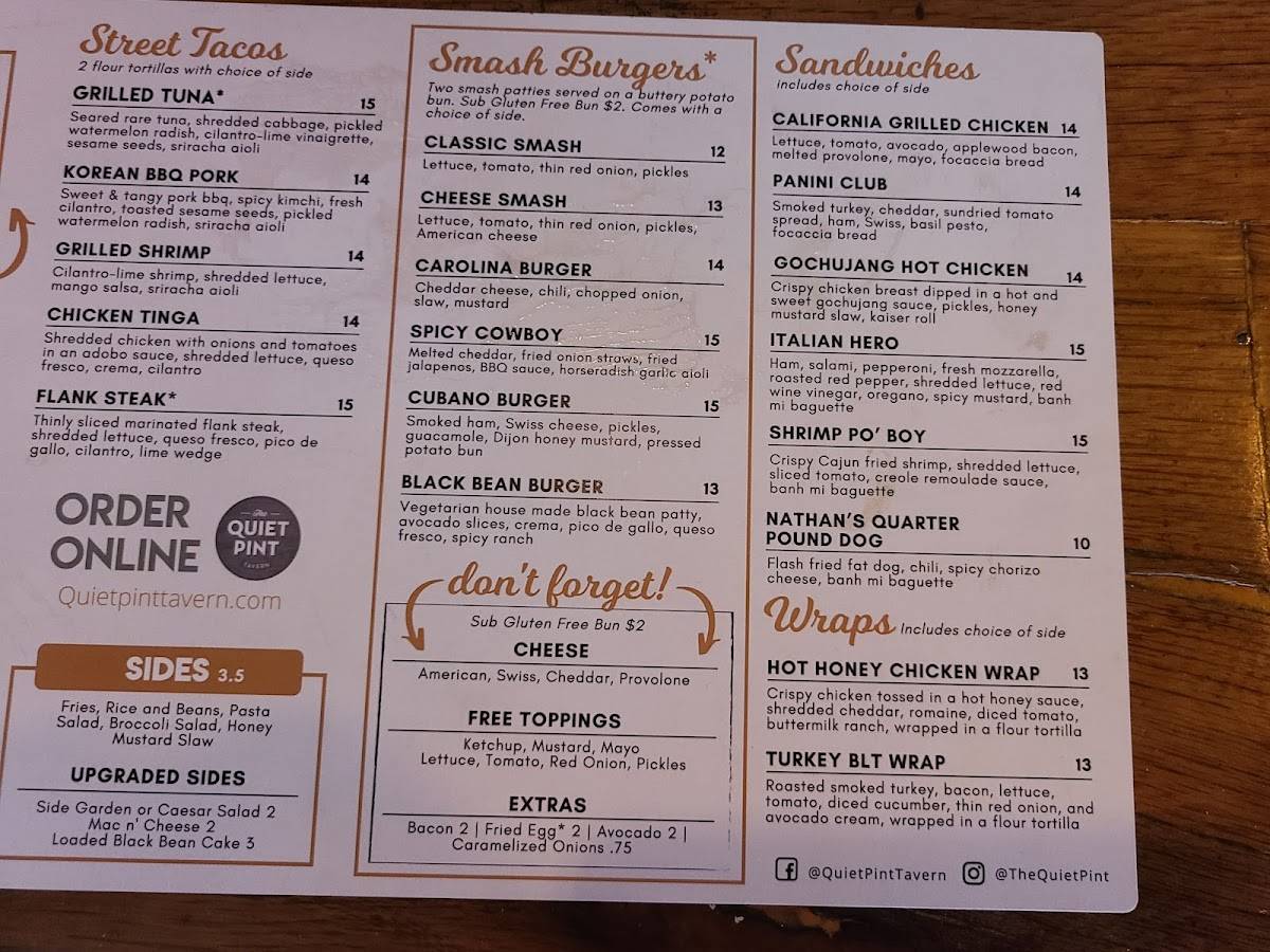 Menu at The Quiet Pint Tavern pub & bar, WinstonSalem