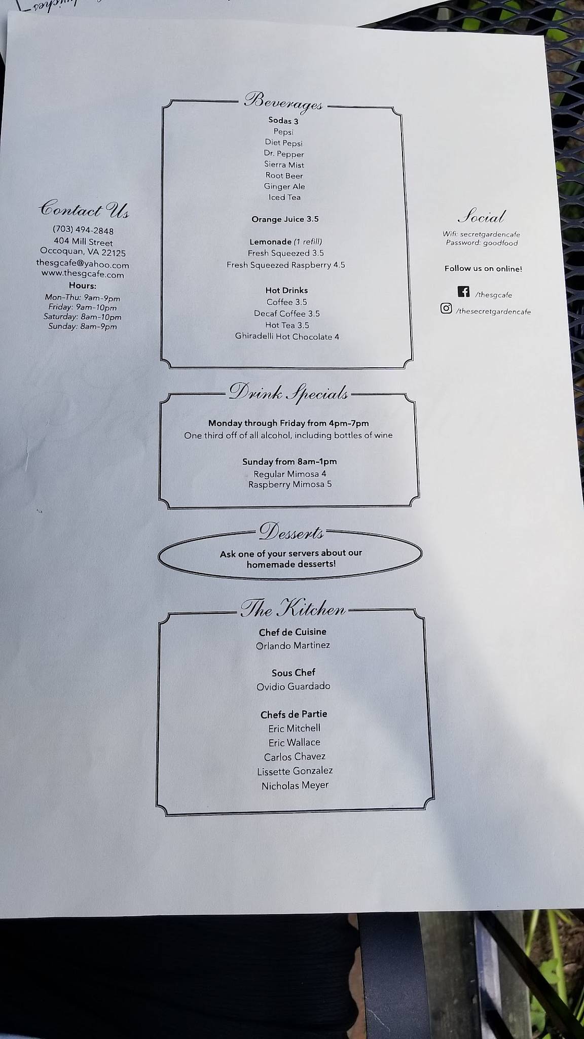 Menu at The Secret Garden Cafe, Occoquan