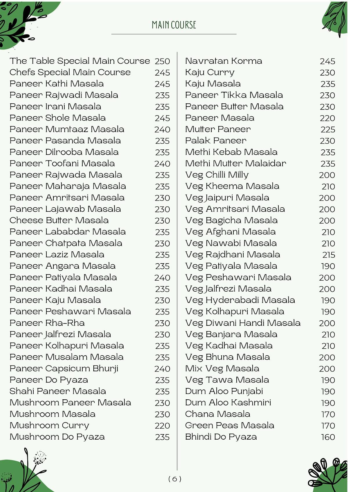 The Table Restaurant - Family Garden & Kitchen menu