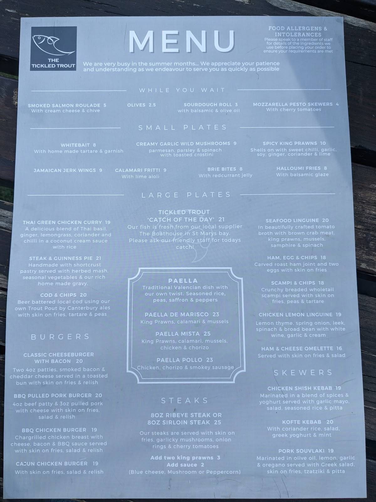 Menu at The Tickled Trout pub & bar, Ashford