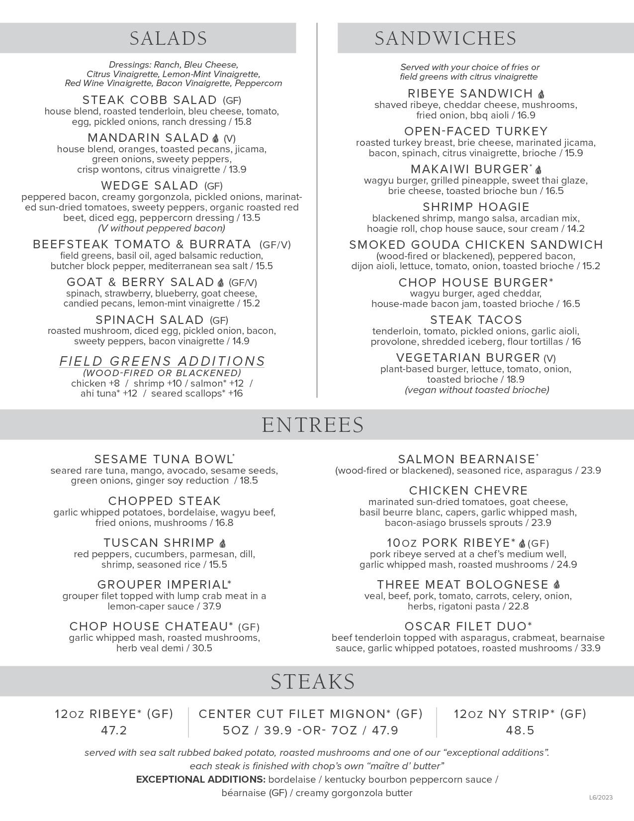 Menu at Chop House at Lake Sumter steakhouse, The Villages