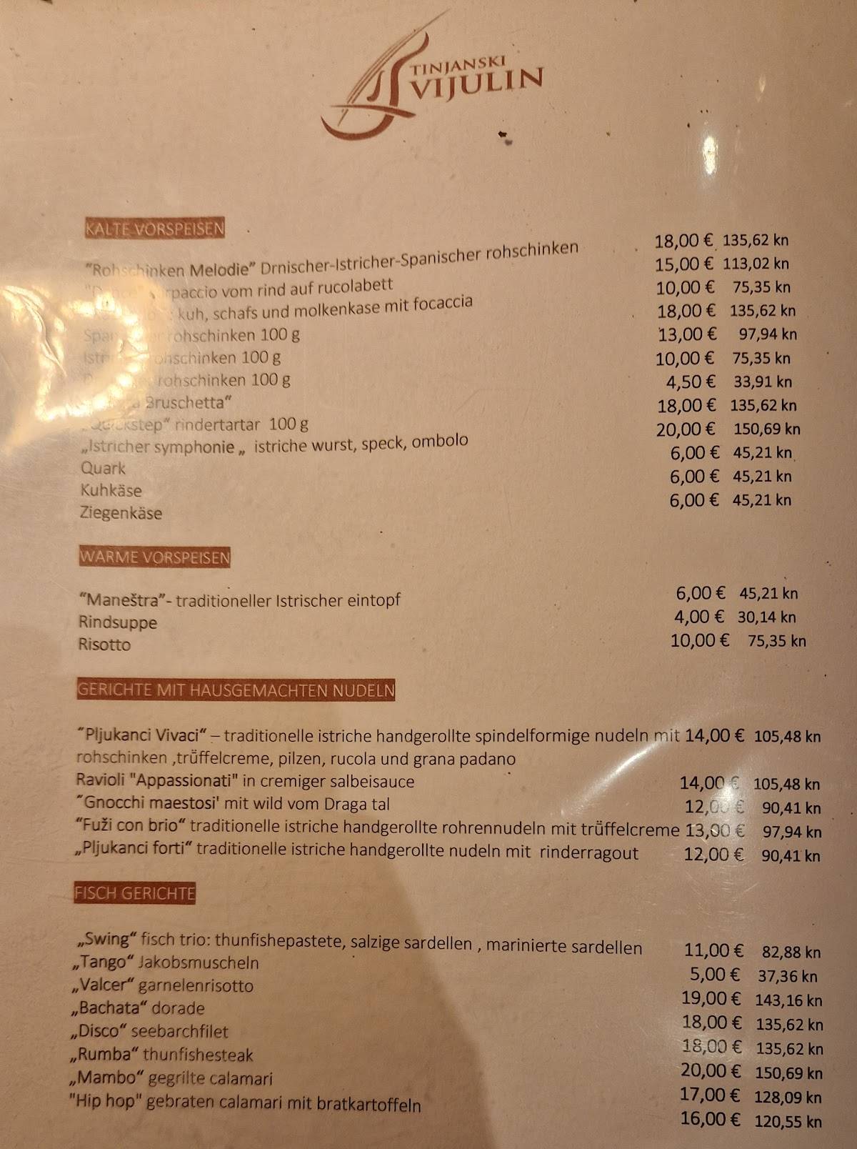 Menu di Tinjanski Vijulin Restaurant Pizzeria 