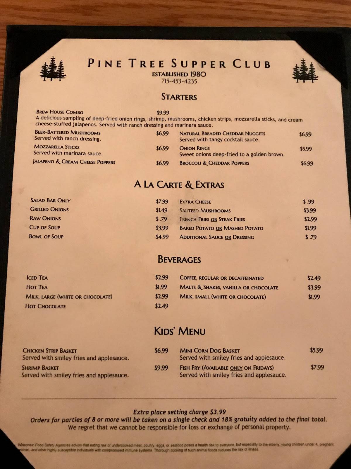 Menu At Pine Tree Supper Club Tomahawk