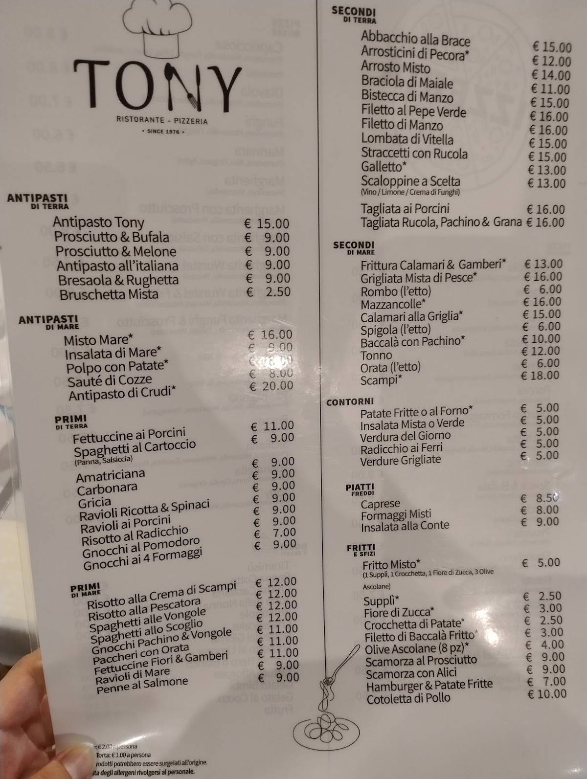 Menu di Tony Ristorante Pizzeria 