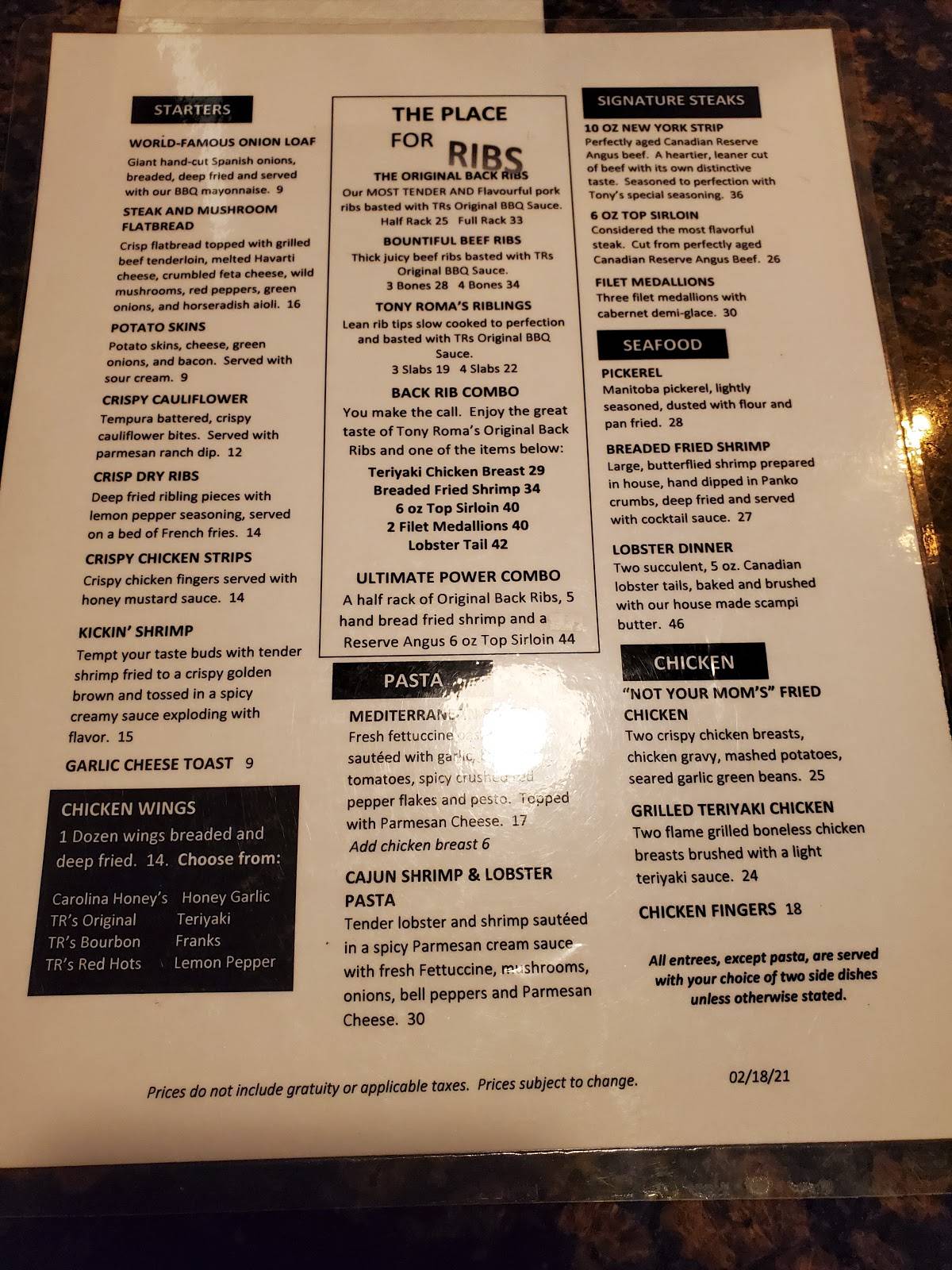 Menu at Tony Roma's BBQ, Winnipeg, Pembina Hwy