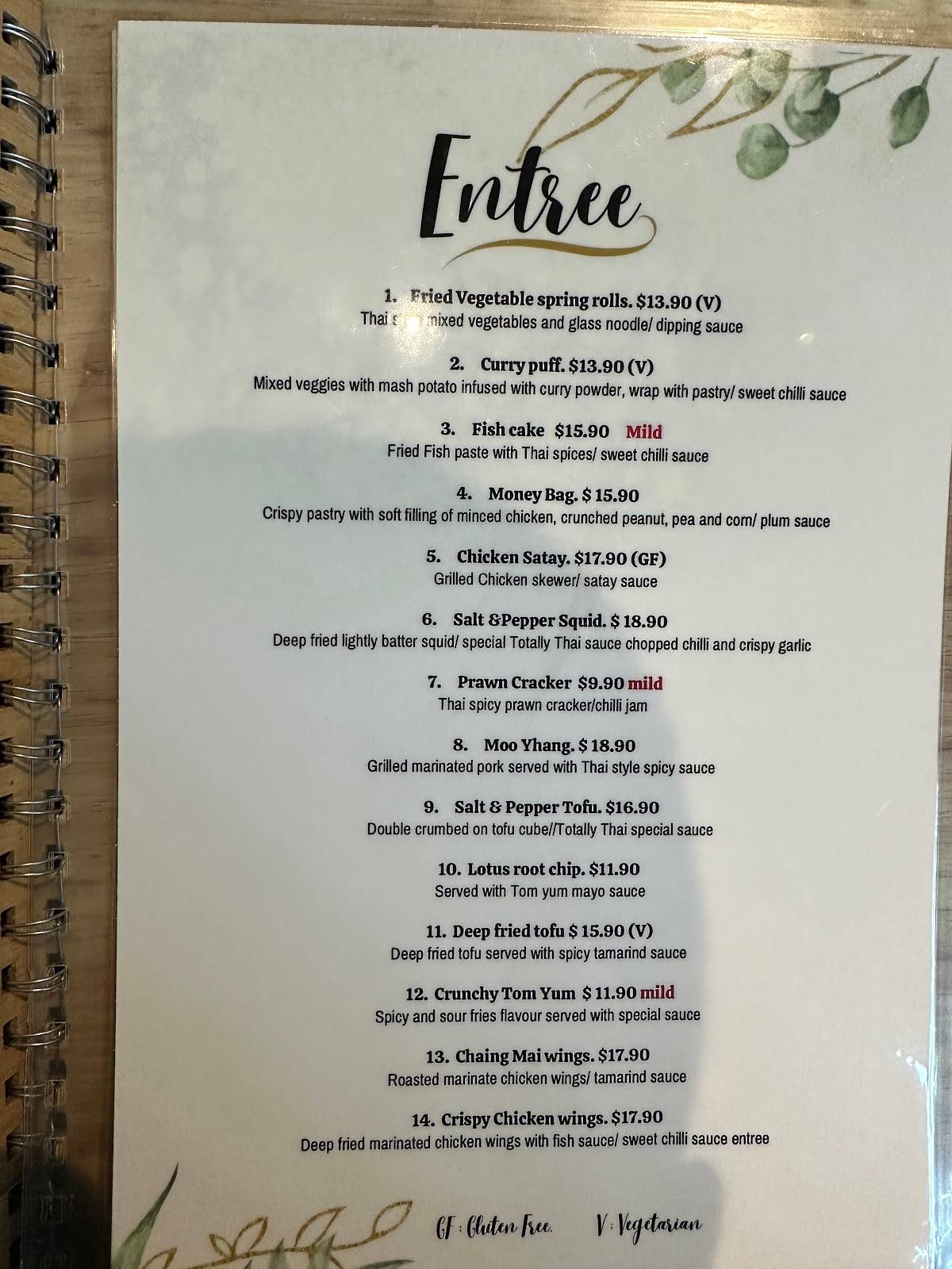 Menu at Totally Thai restaurant, Leederville, 156 Oxford St