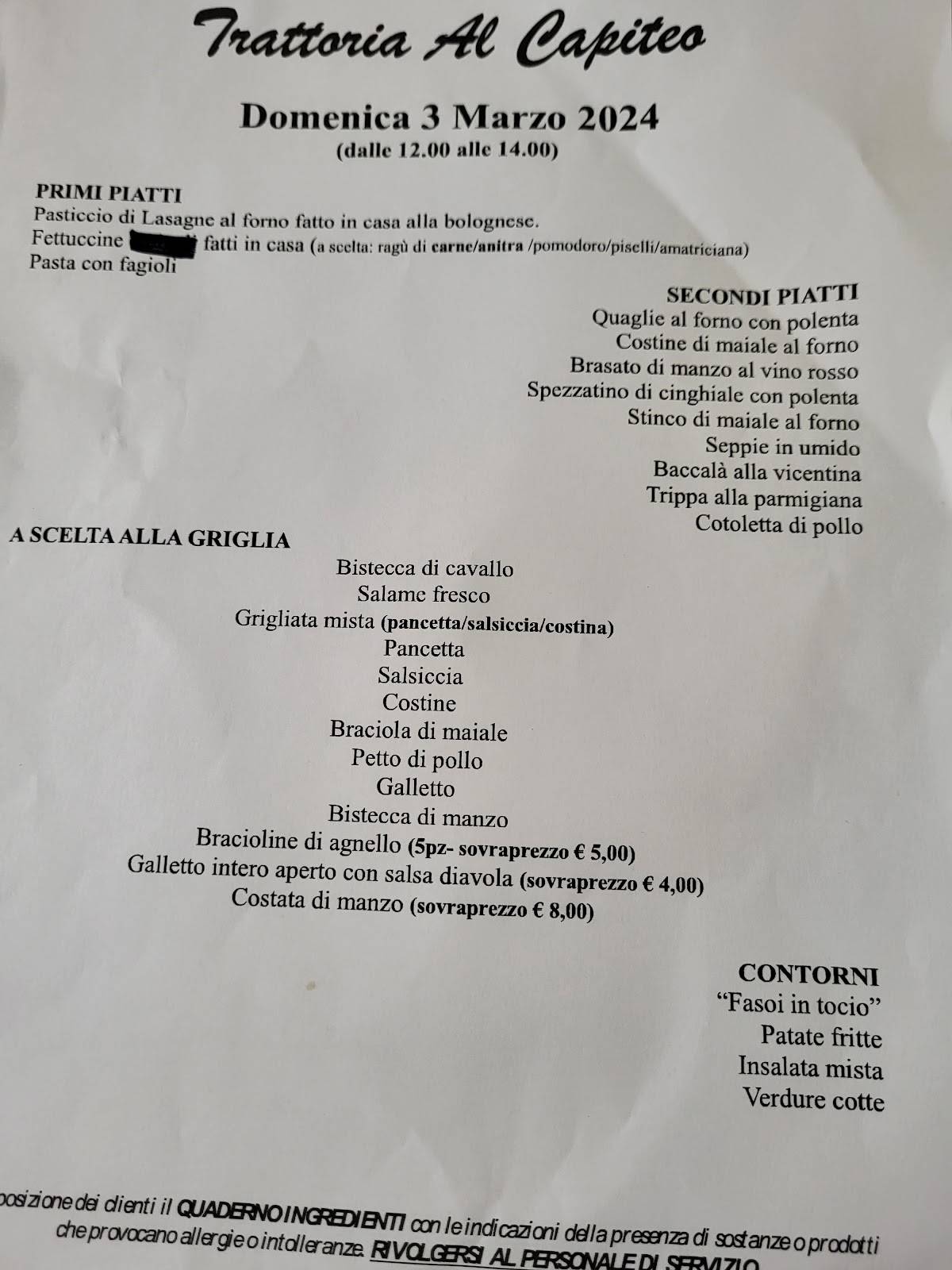 Menu di Trattoria Al Capiteo 