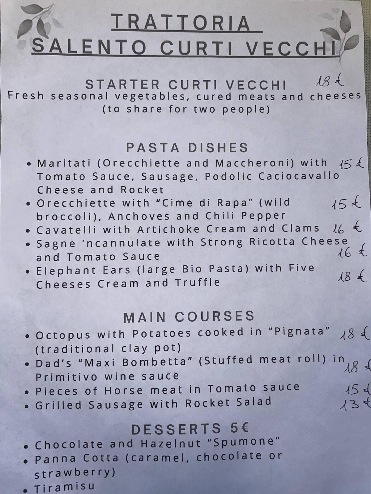 Menu di Trattoria Salento Curti Vecchi 