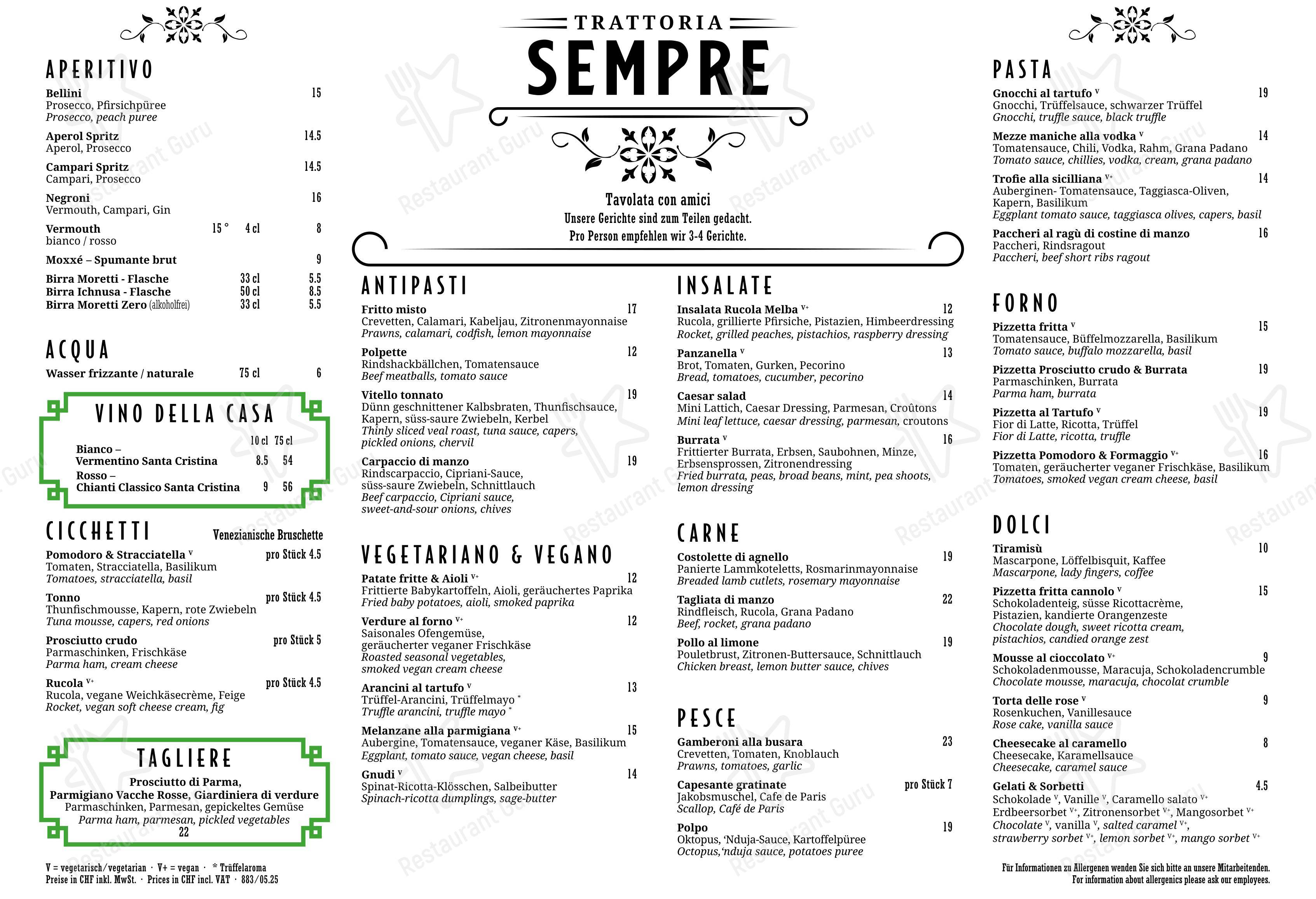 Trattoria Sempre Zürich in Zurigo - Menu