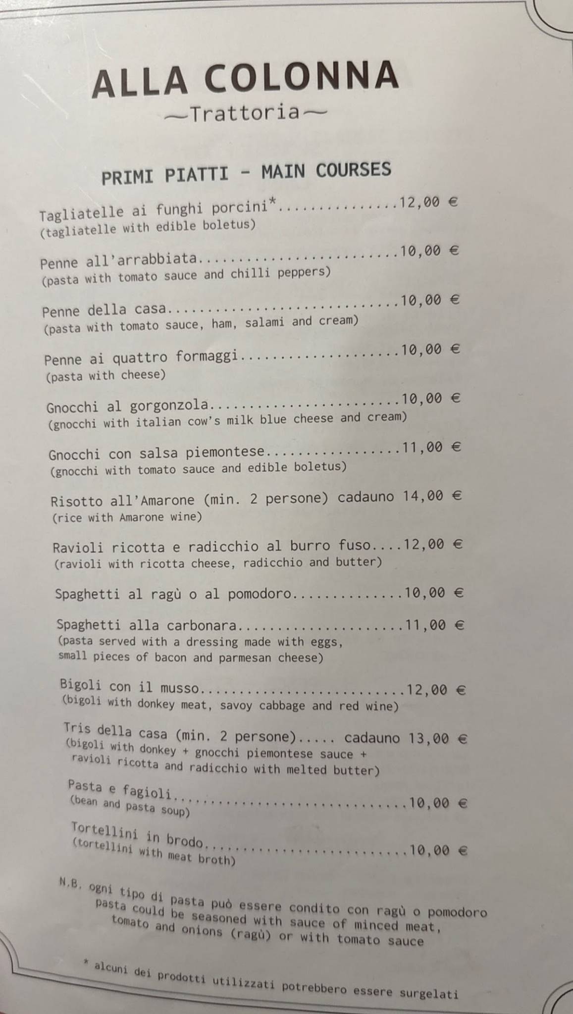 Menu di Trattoria alla Colonna 