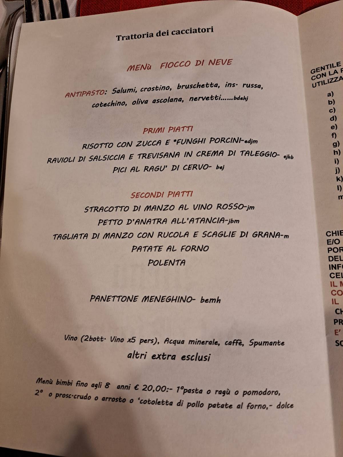 Menu di Trattoria dei Cacciatori 