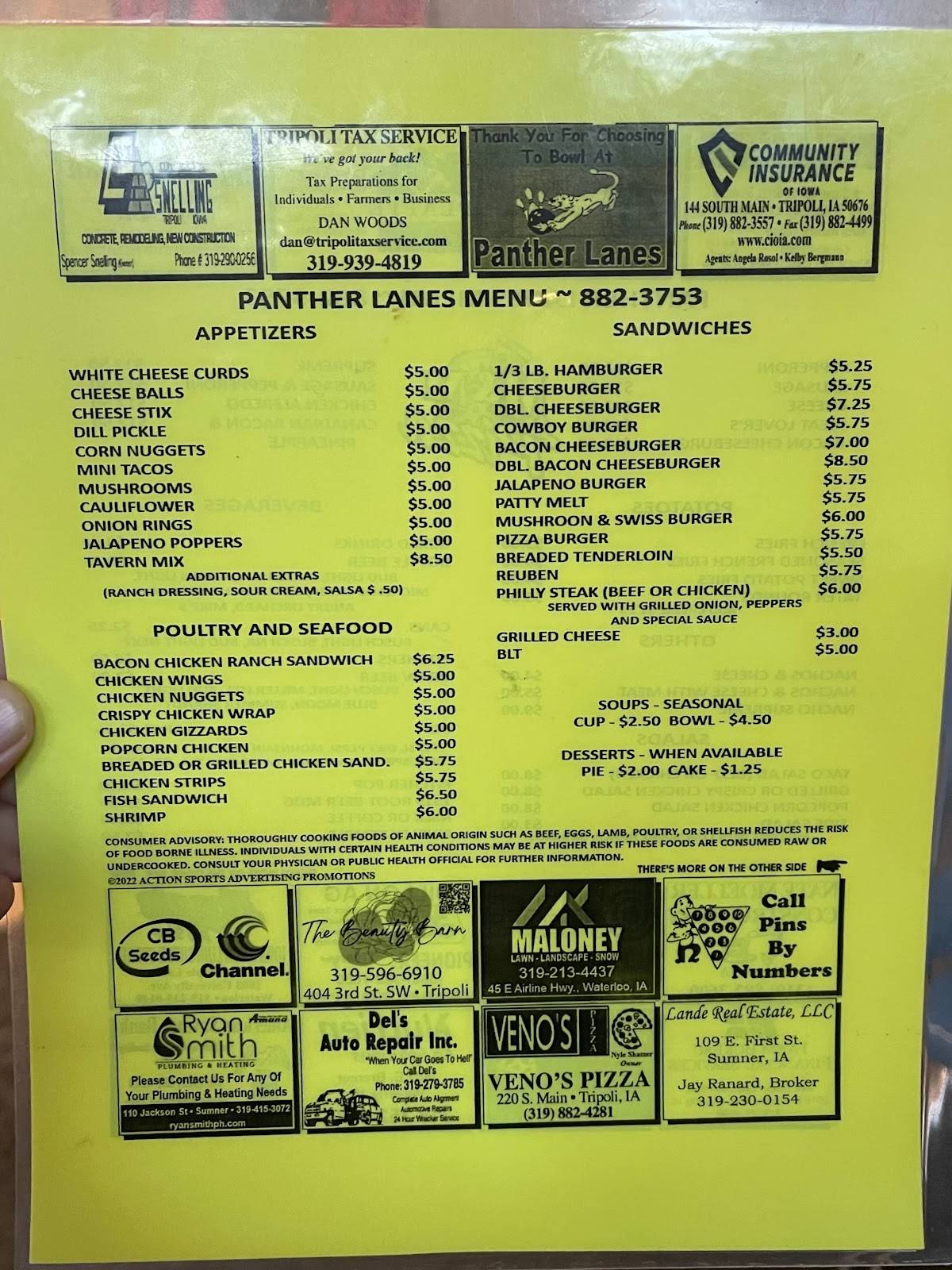Menu at Panther Lanes pub & bar, Tripoli