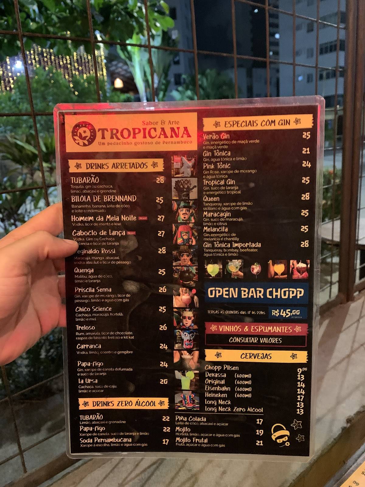 Tropicana Bar e Drinks cardápio
