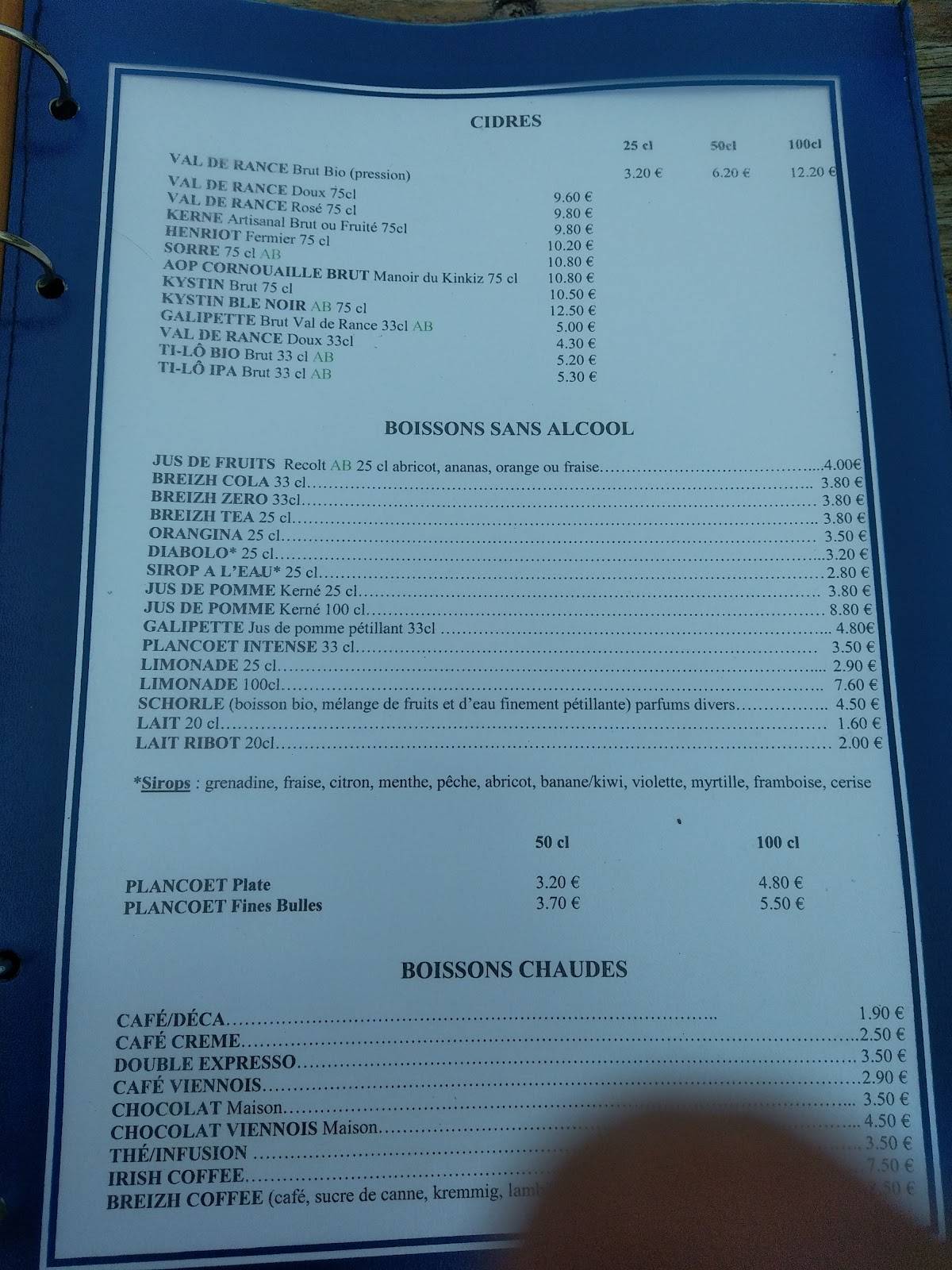 Menu de Crêperie Ty Gwechall Porspoder Radénoc