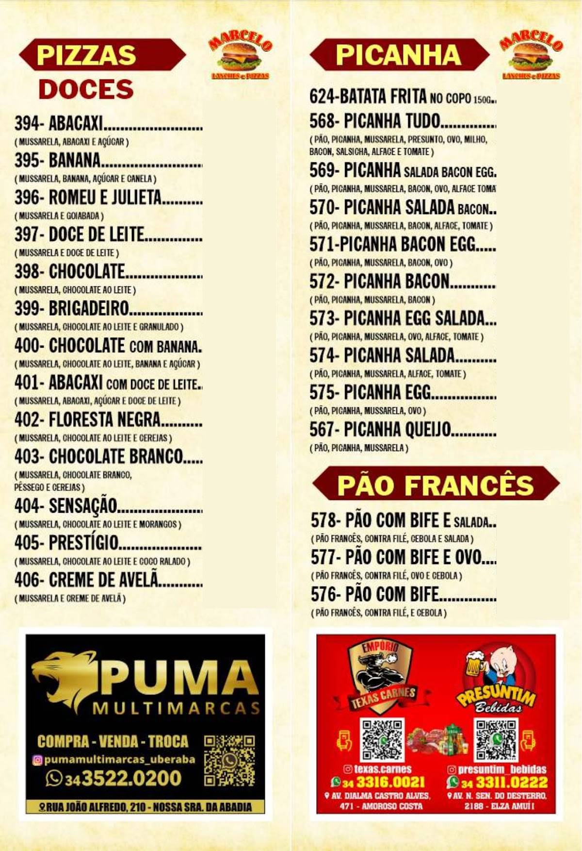 Marcelo Lanches Hamburgueria e Pizzaria cardápio