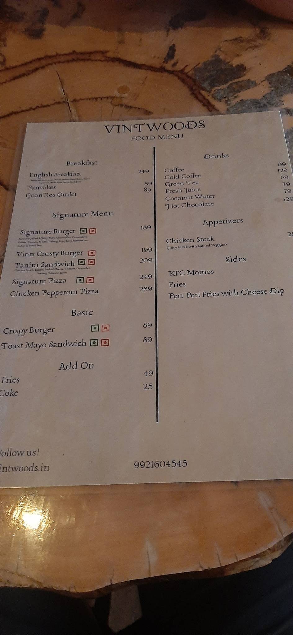 VINTWOODS CAFE menu