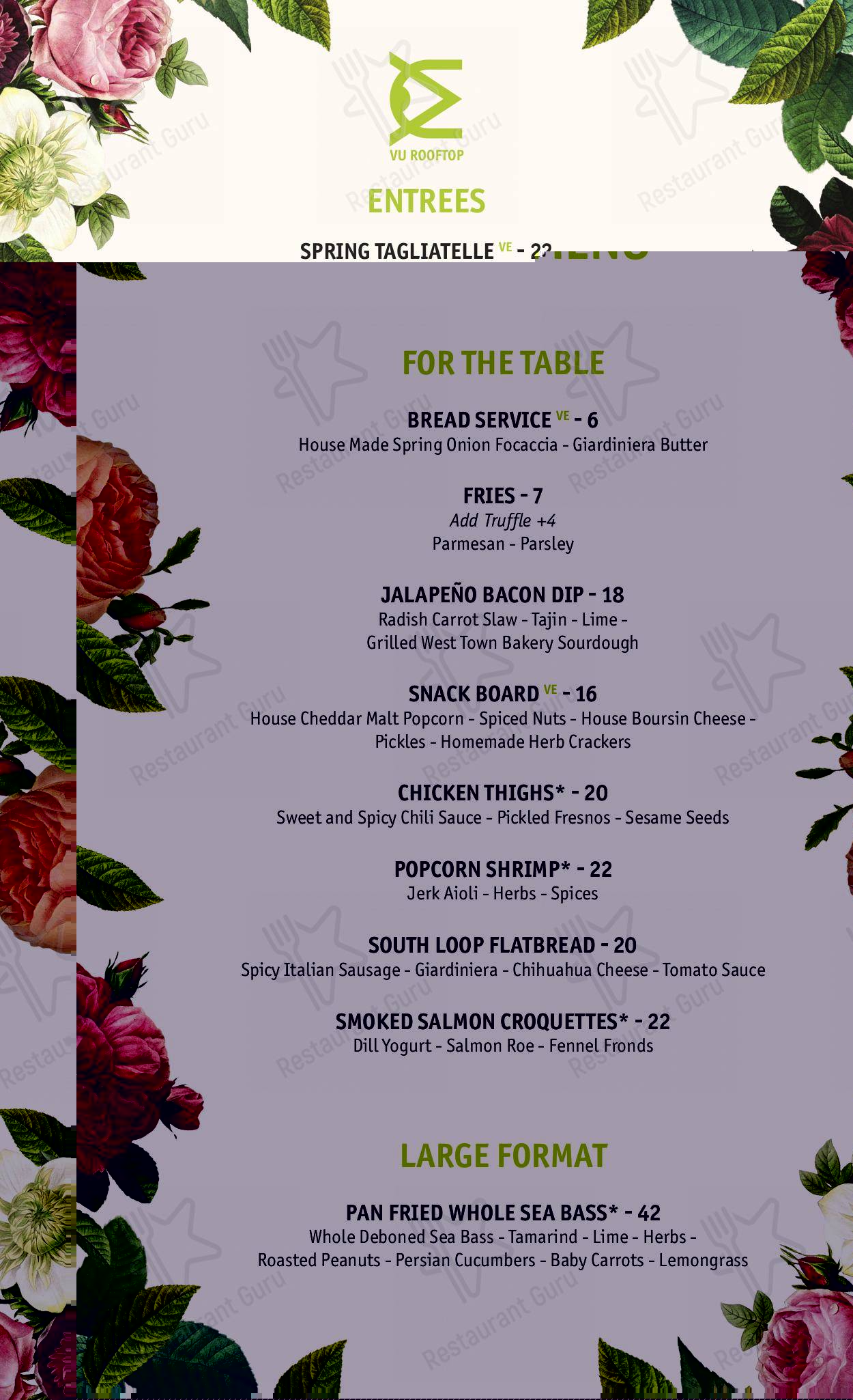 Menu at VU Rooftop Bar, Chicago