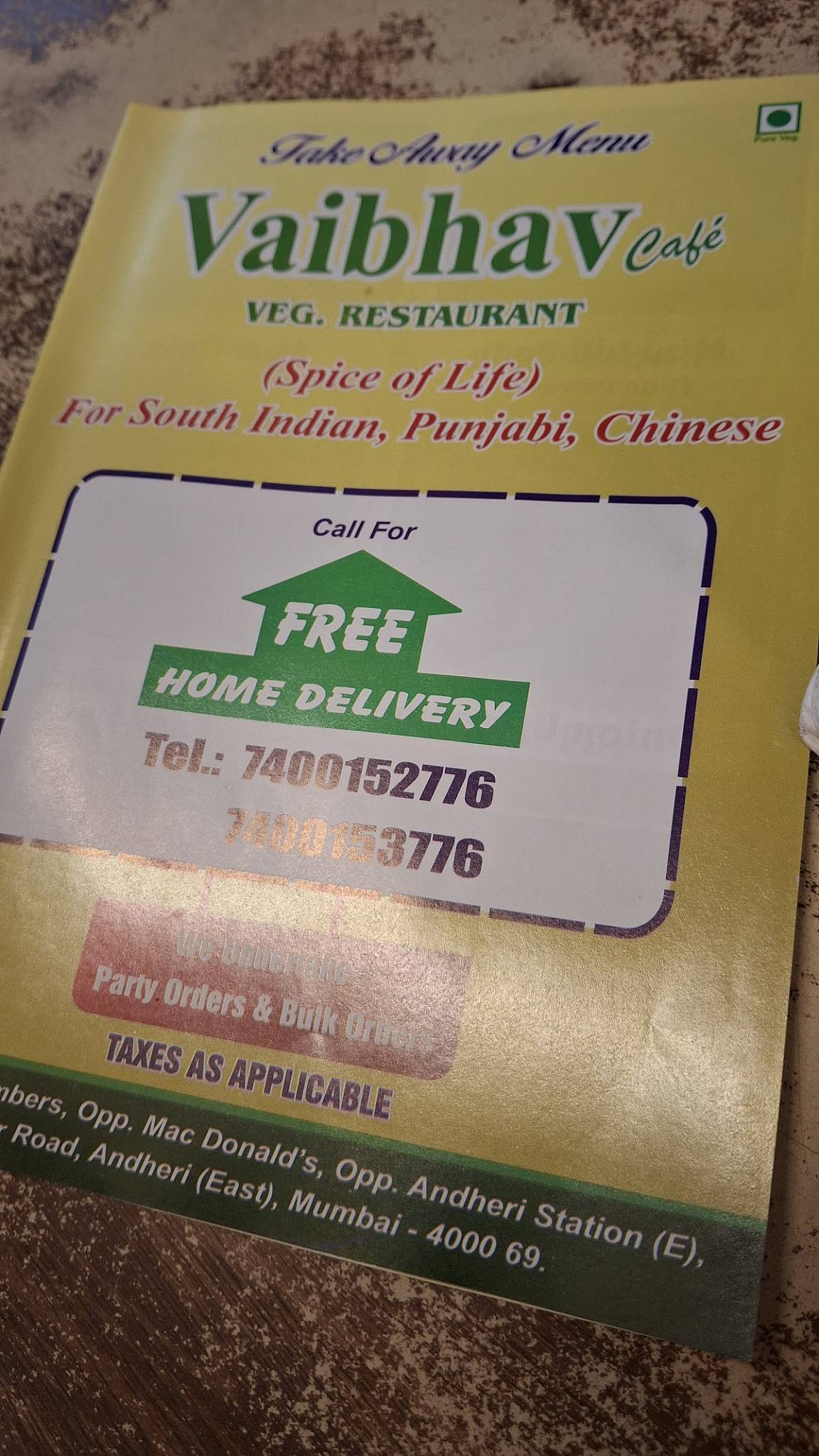 Vaibhav Cafe menu