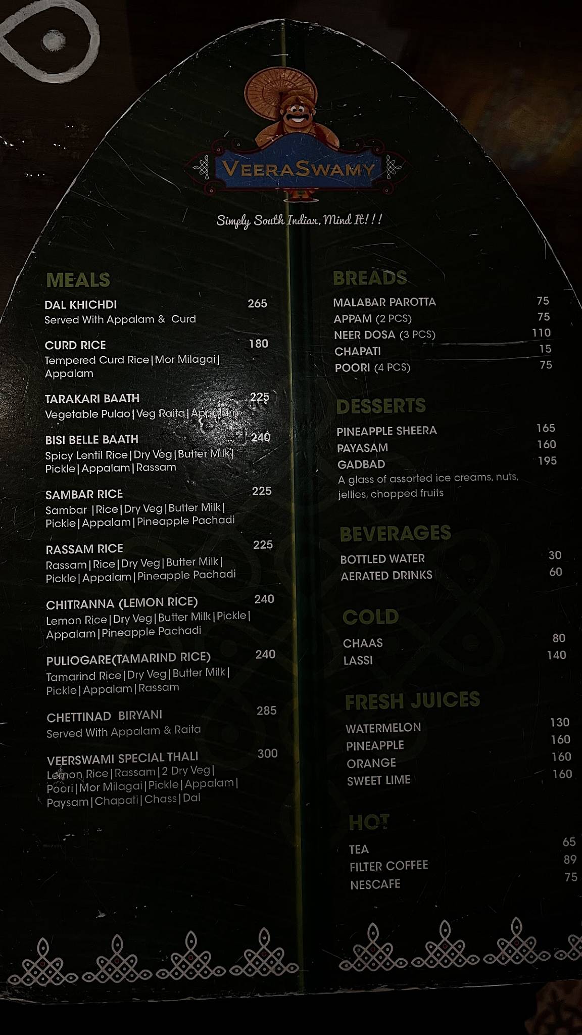 Veeraswamy Simply South Indian menu