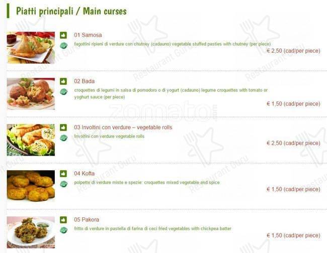 Menu di VEGA FOOD Ristorante Indiano Vegano Ayurvedico 