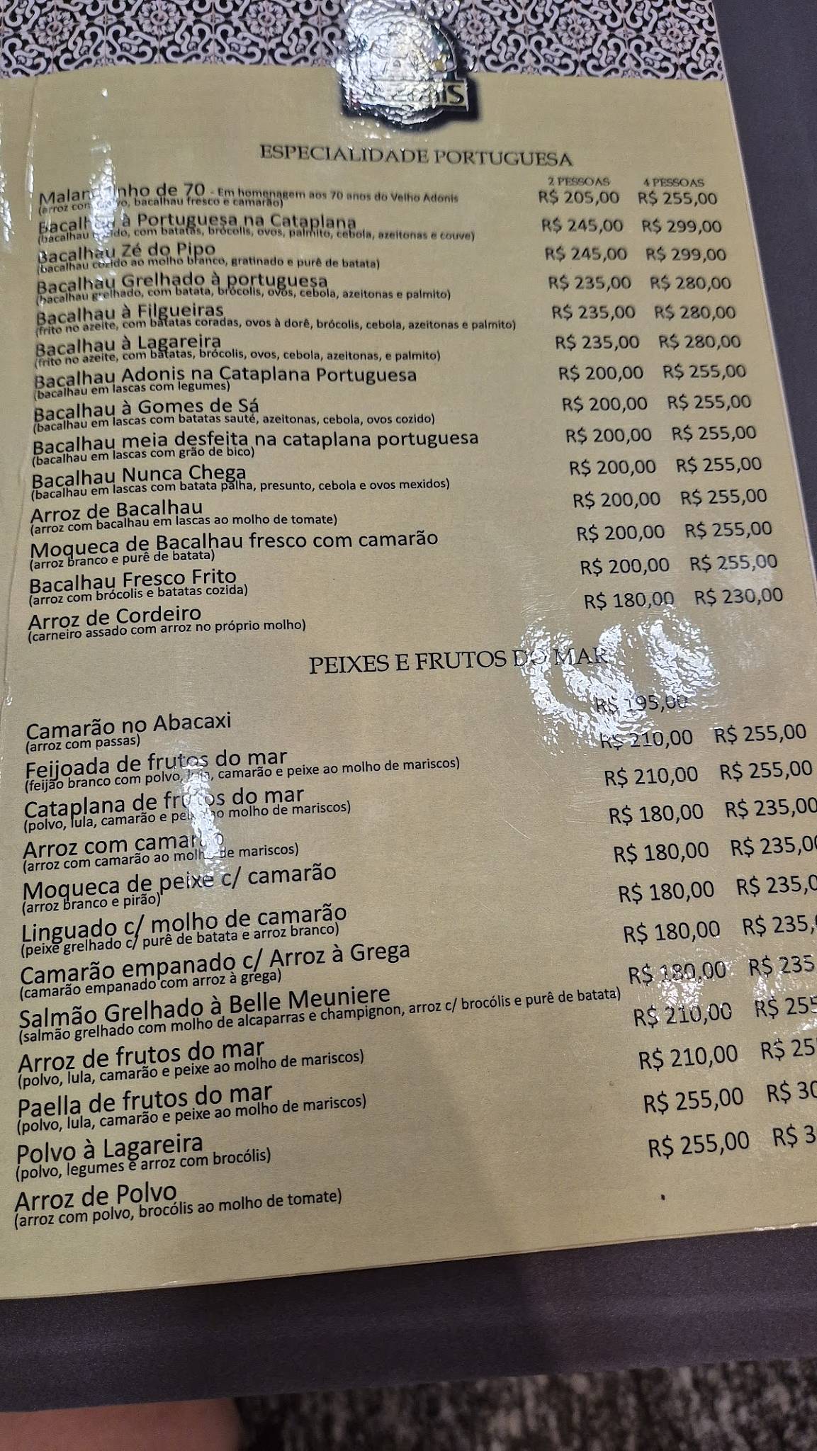 Velho Adonis cardápio