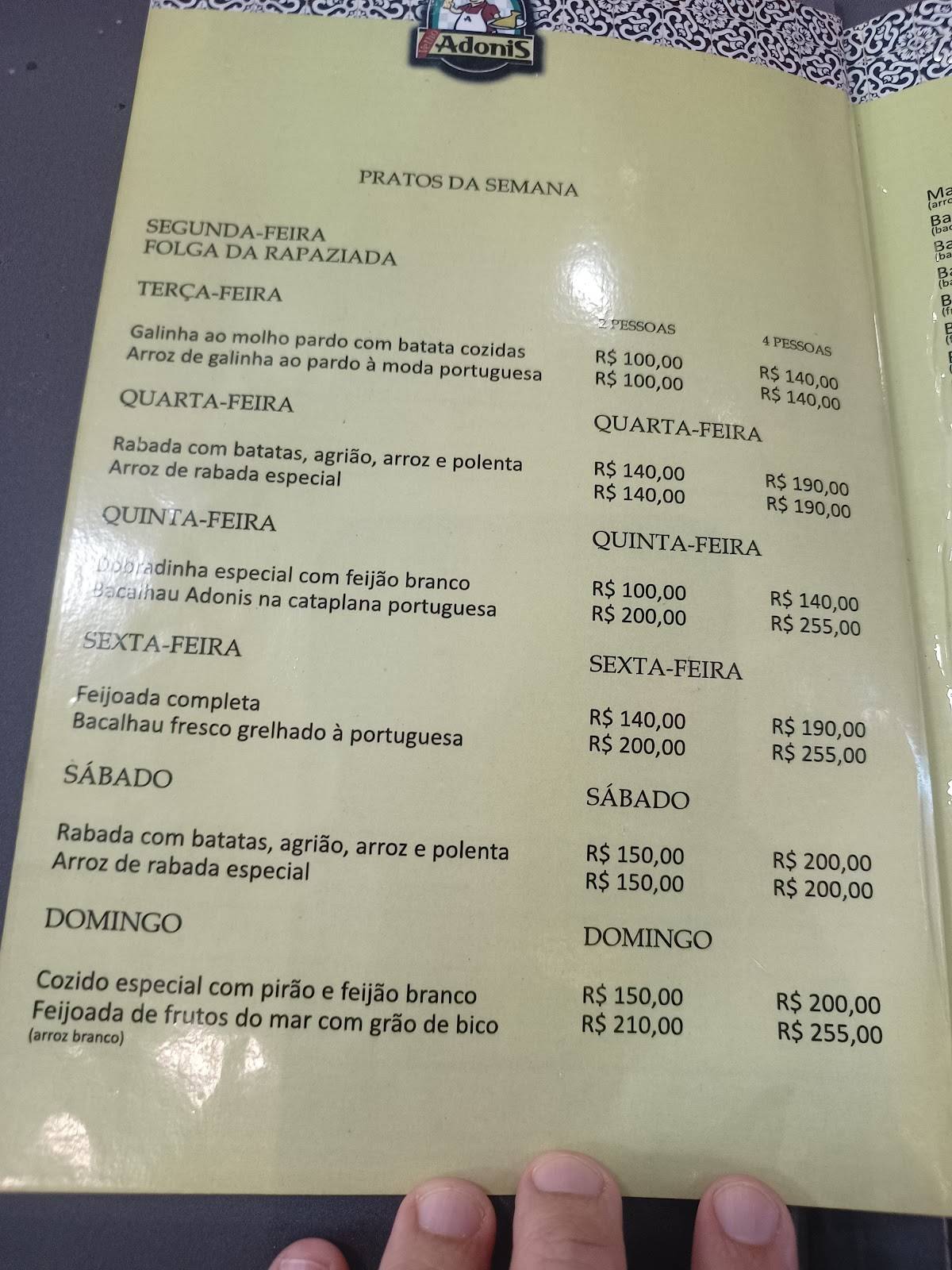 Velho Adonis cardápio