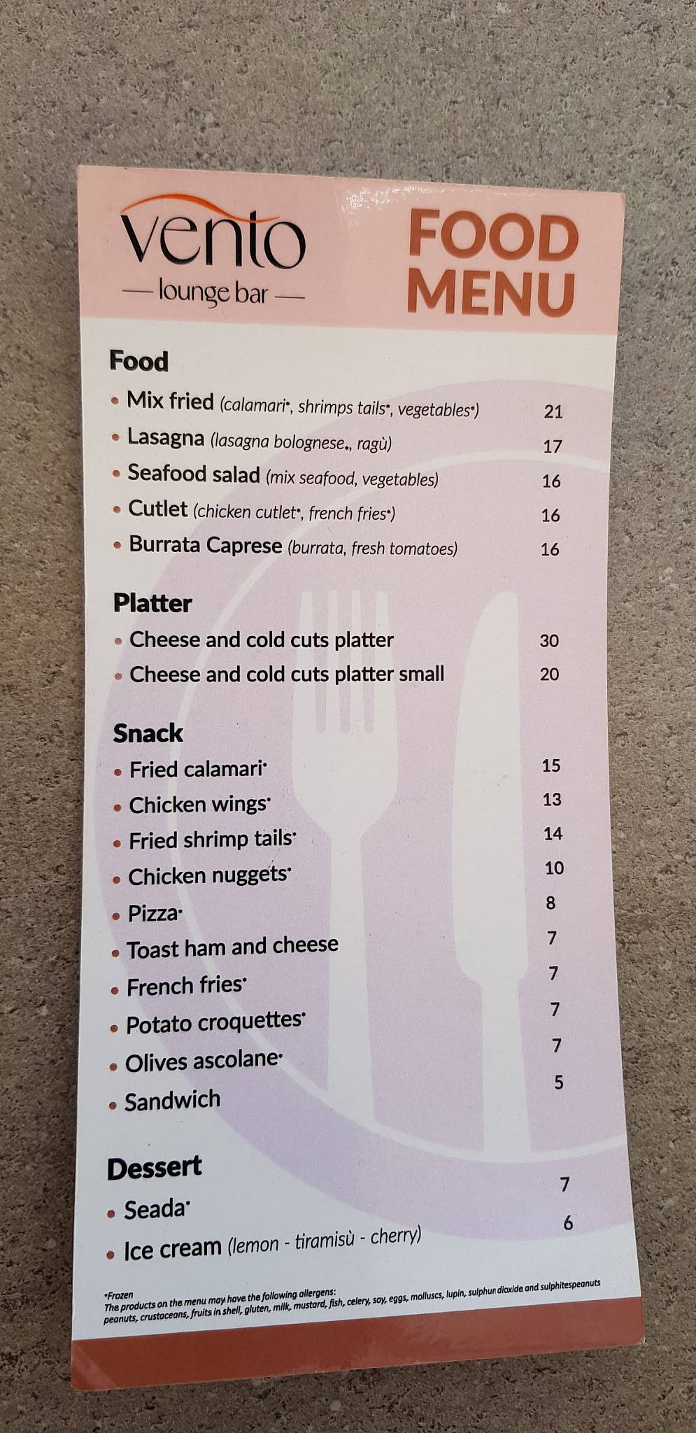 Menu di Vento Lounge Bar 