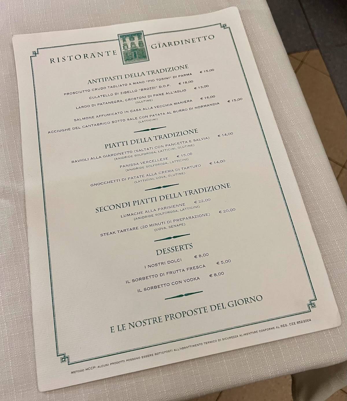 Menu di Hotel Ristorante Il Giardinetto 