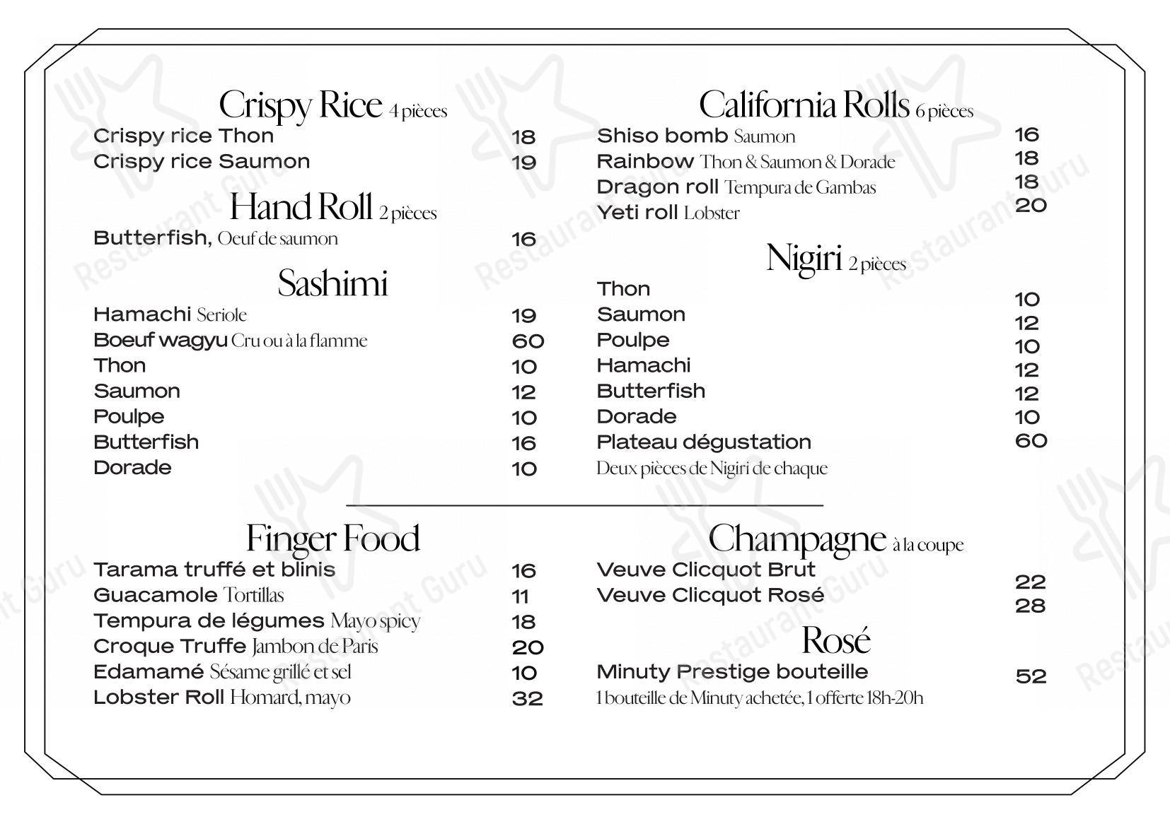 Menu pour Vesper dans Paris